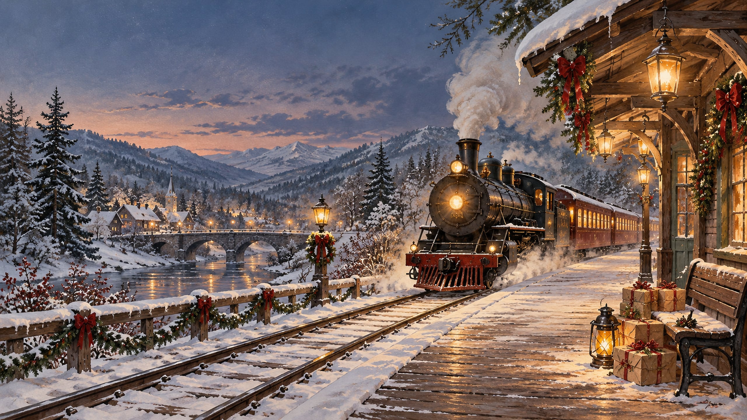 Vintage steam train arriving at a snowy Christmas station with glowing lanterns, wreaths and wrapped parcels.