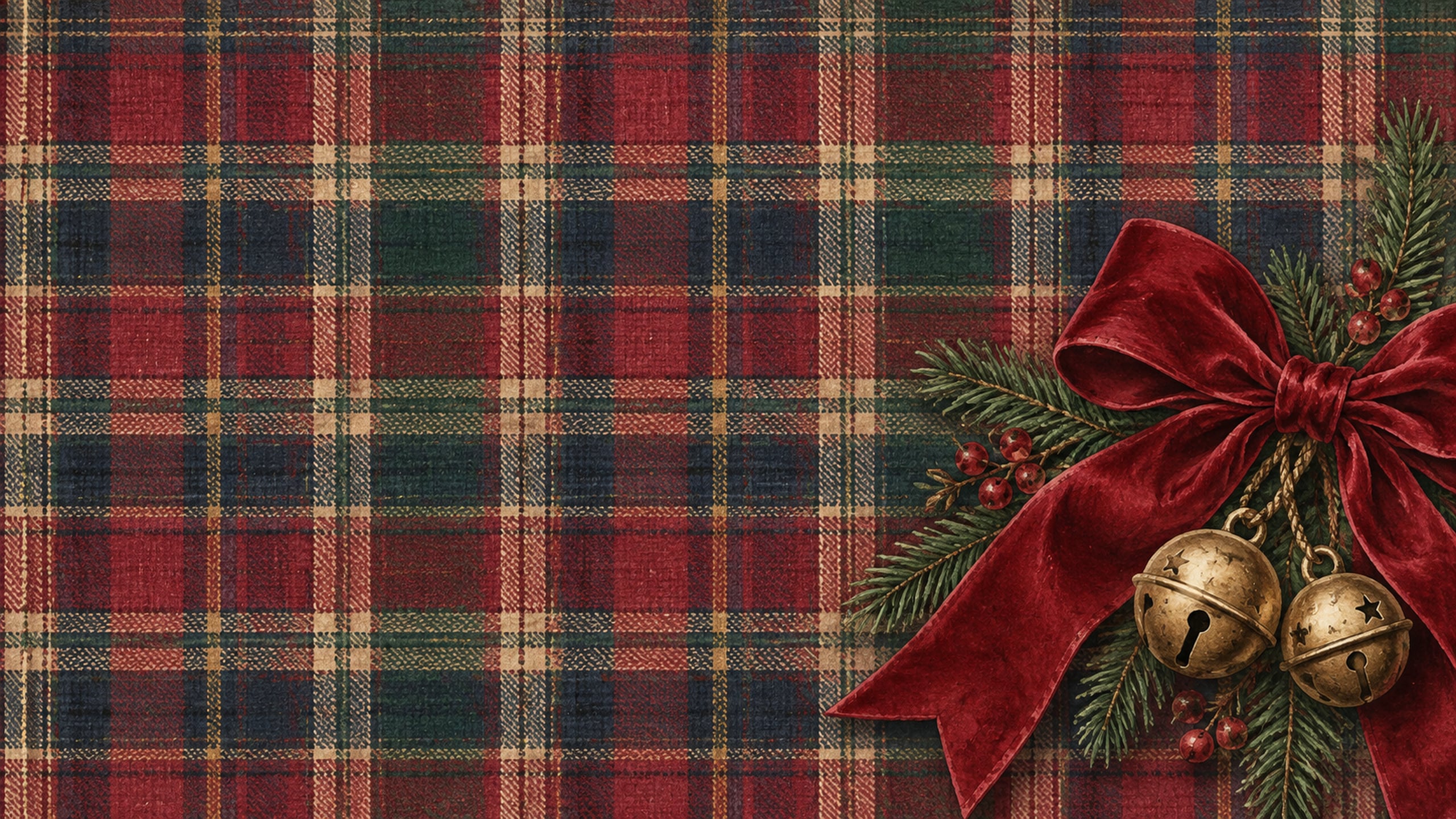 Red and green tartan background with a velvet bow, brass jingle bells and evergreen sprigs in one corner.