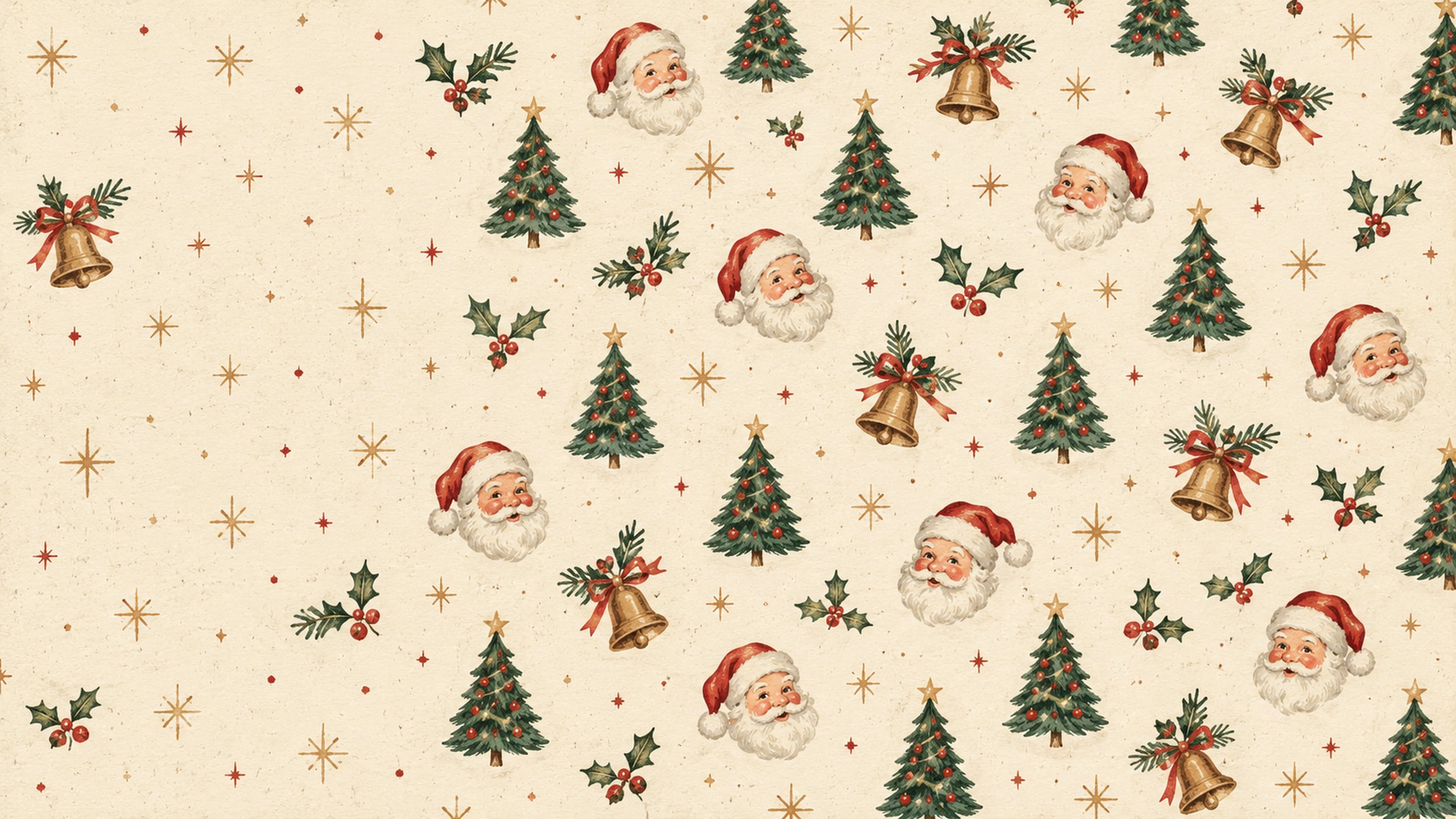 Retro Christmas pattern of Santa faces, evergreen trees, brass bells and holly on a cream background.