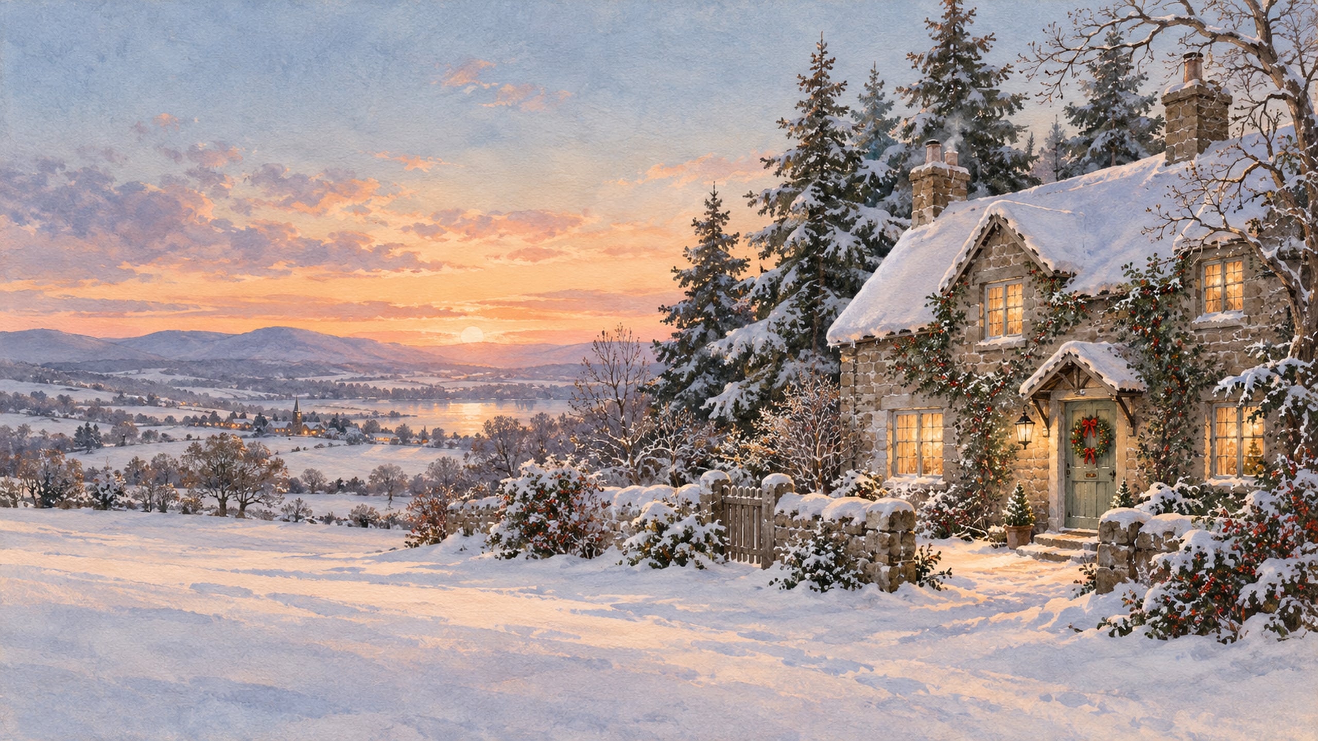 Snow-covered stone cottage with glowing windows and evergreen trees beneath a soft blue and peach evening sky.
