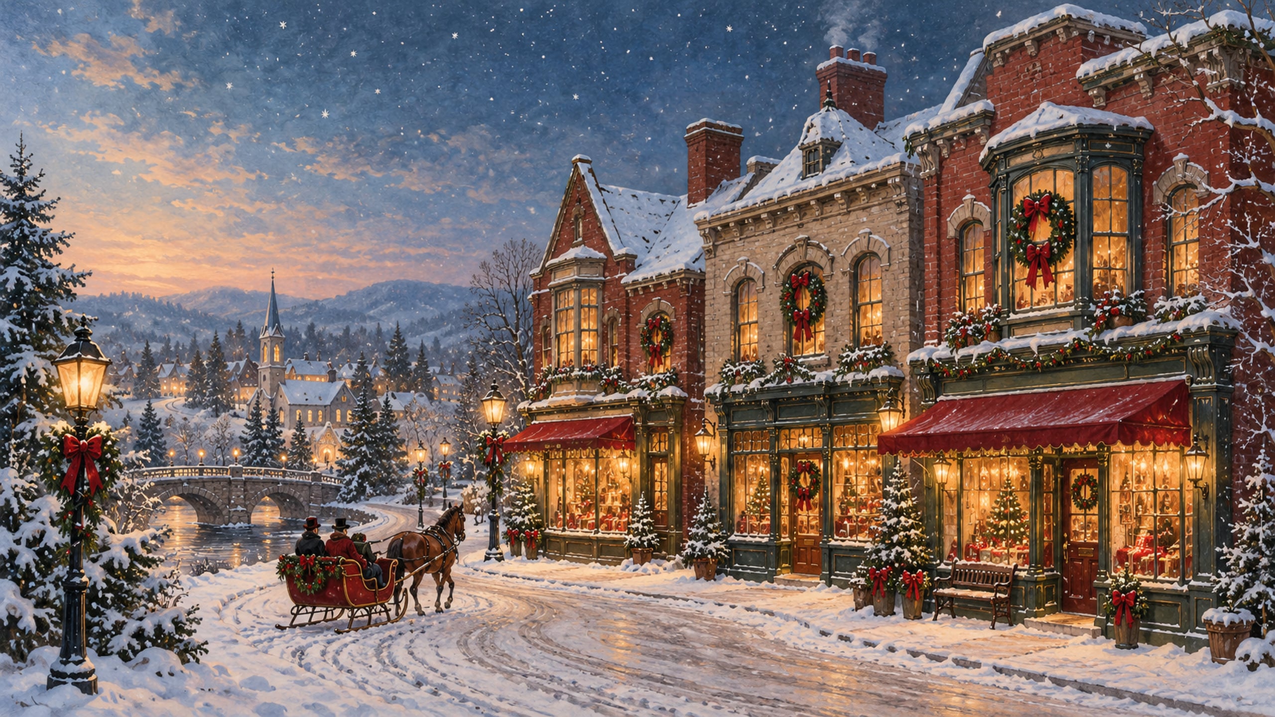 Snowy Victorian-style village with glowing shop windows, wreaths and a horse-drawn sleigh.