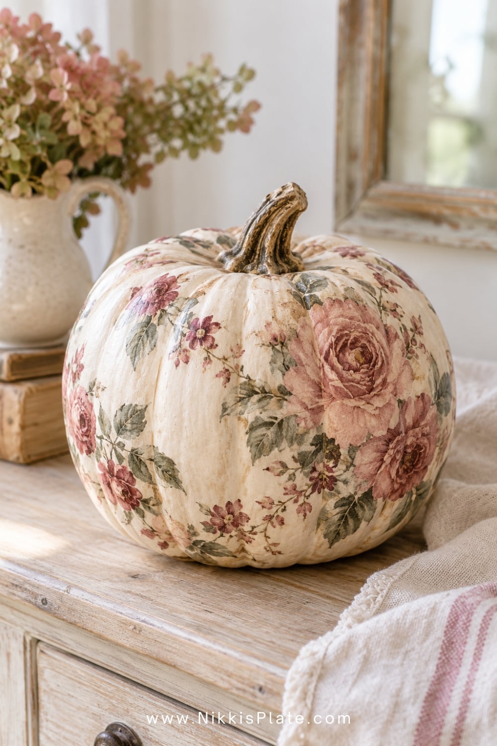 Faux pumpkin decorated with vintage rose and botanical decoupage.