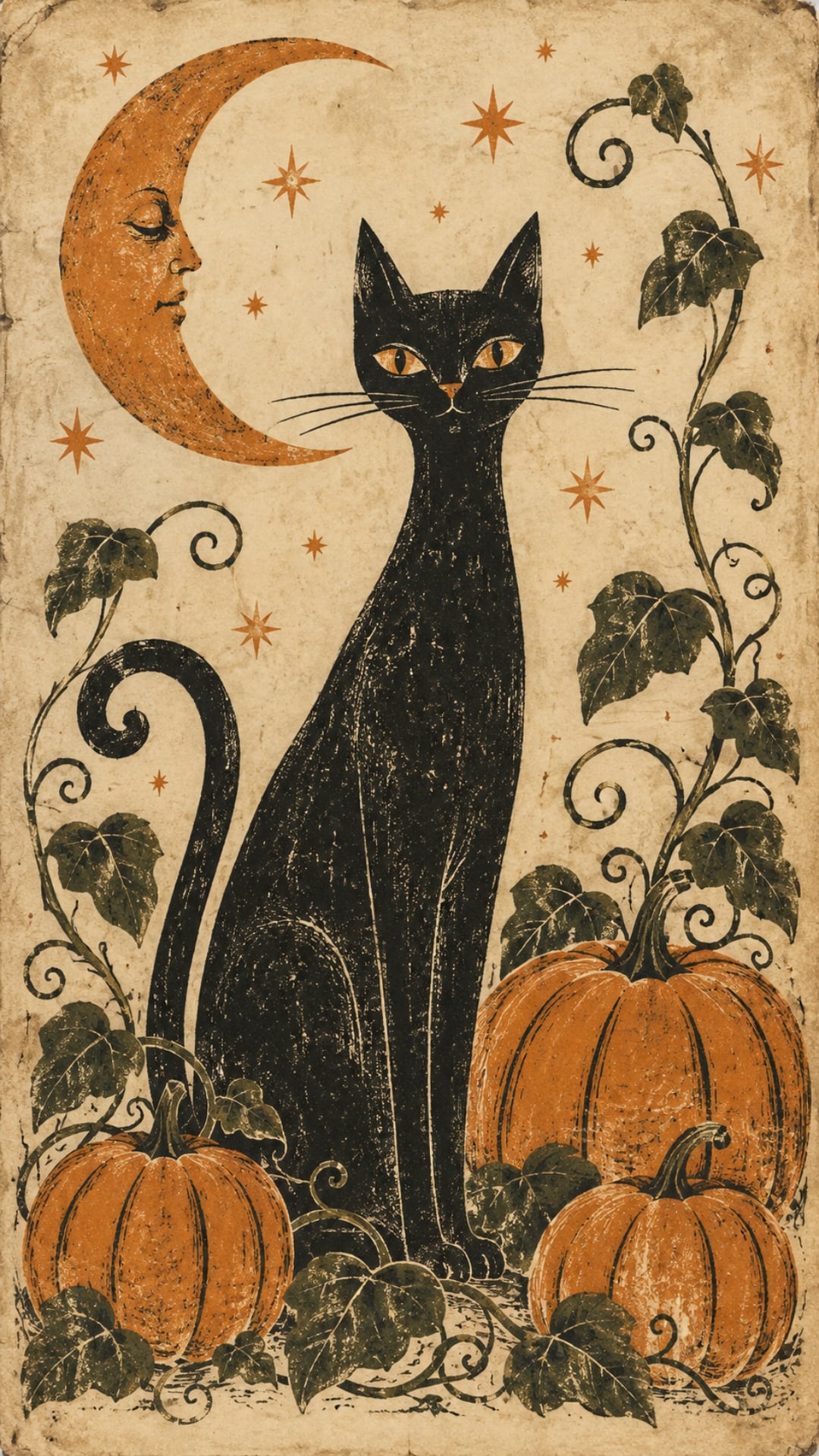 Vintage Halloween fall iPhone wallpaper with a black cat, crescent moon and folk art pumpkins.