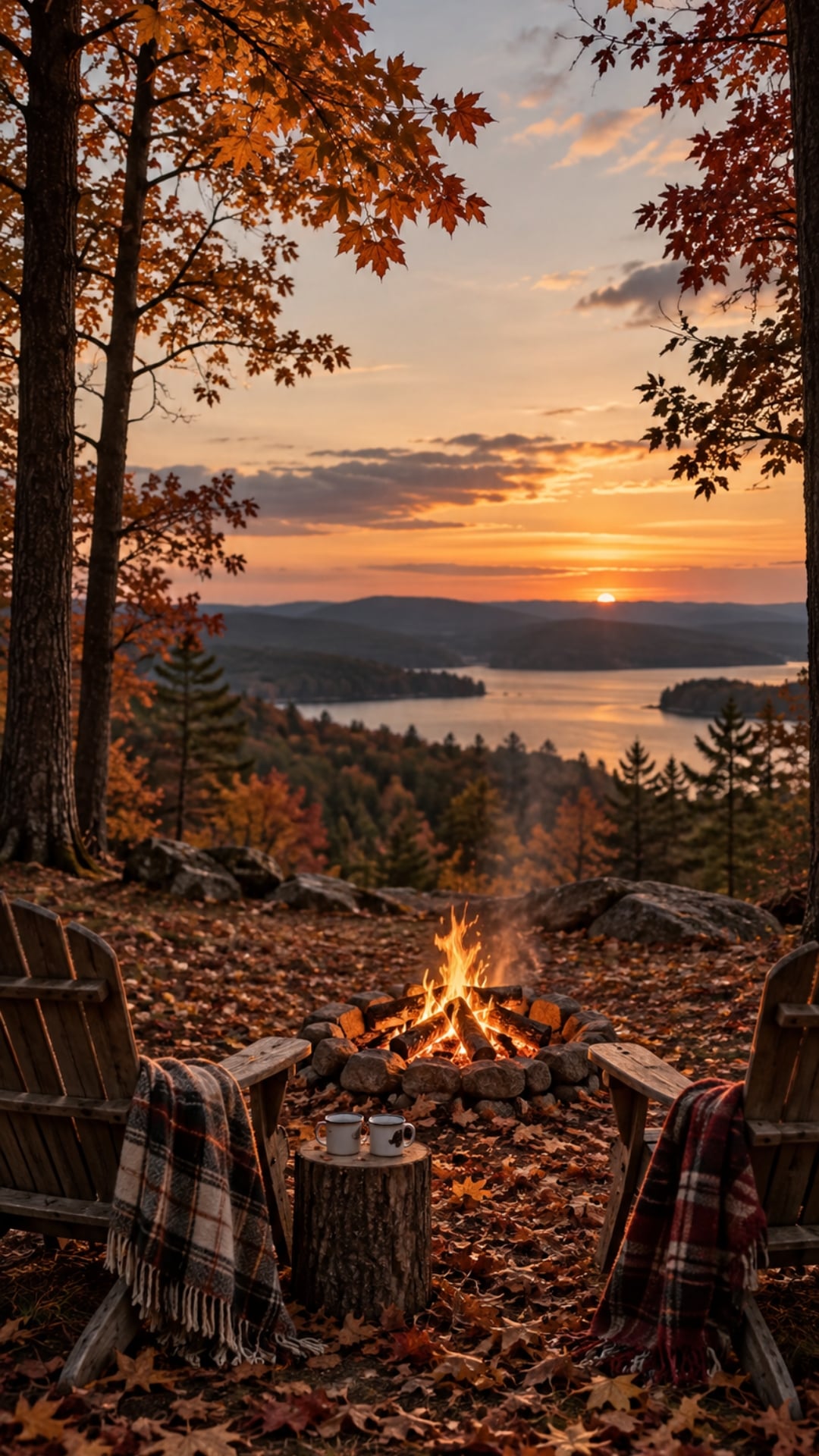 Warm autumn iPhone wallpaper with a small bonfire beneath glowing orange maple trees.