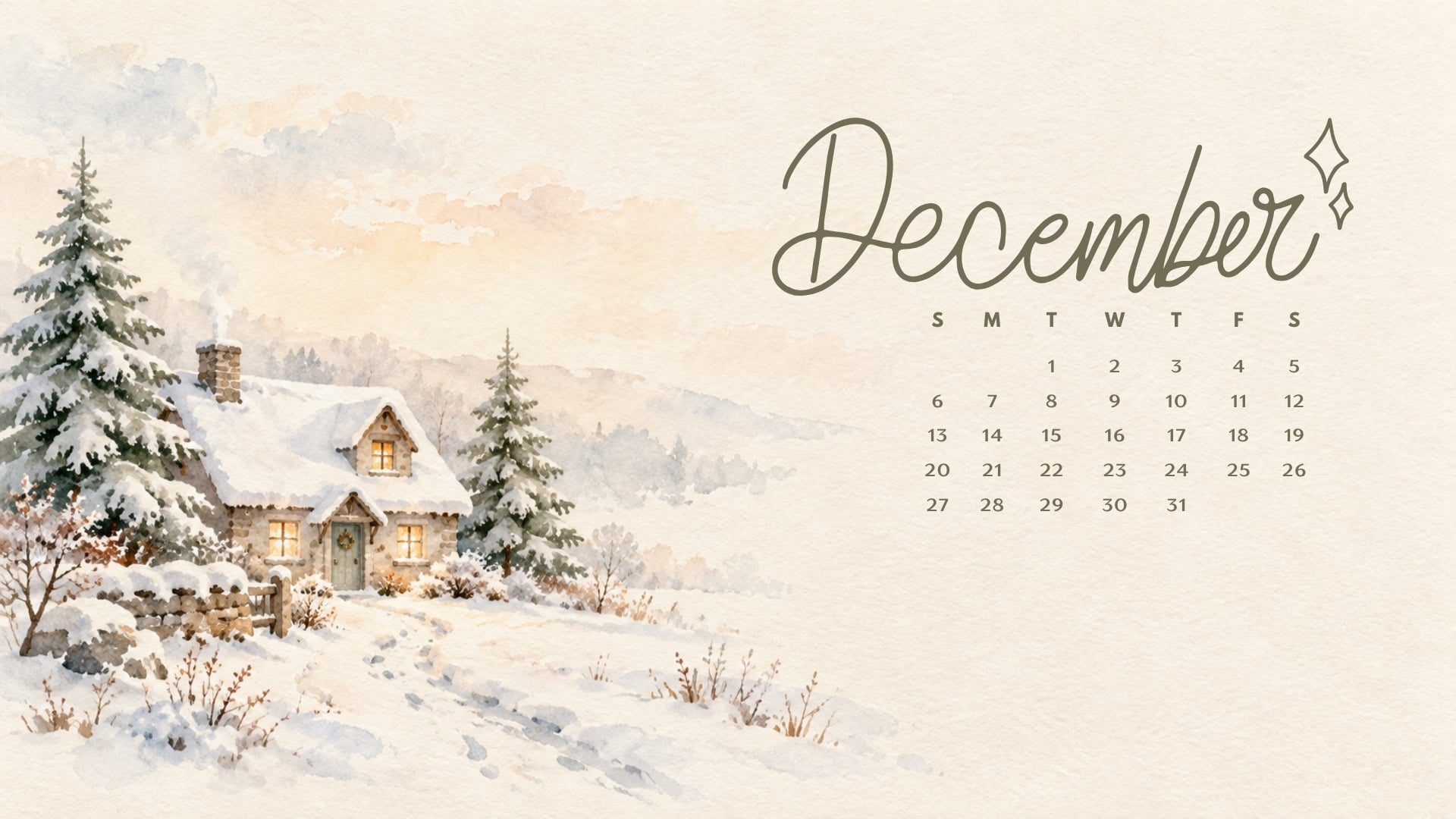 December 2026 desktop calendar with a watercolour snowy cottage and sage evergreen trees on cream paper.