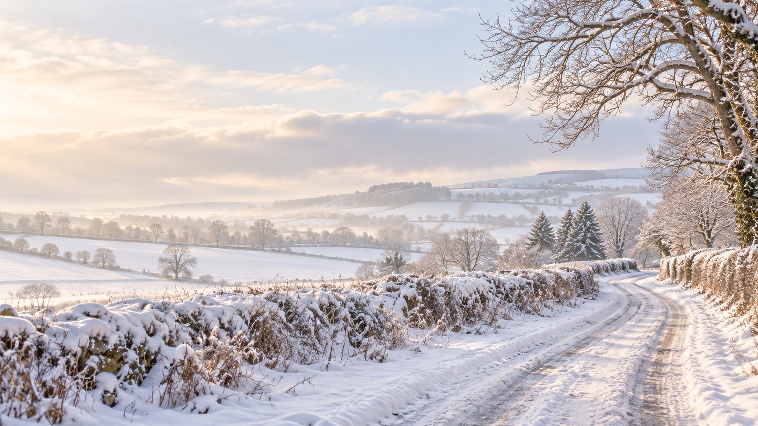 Winter desktop wallpaper featuring a Snow-covered country lane winding between bare trees in soft morning light.