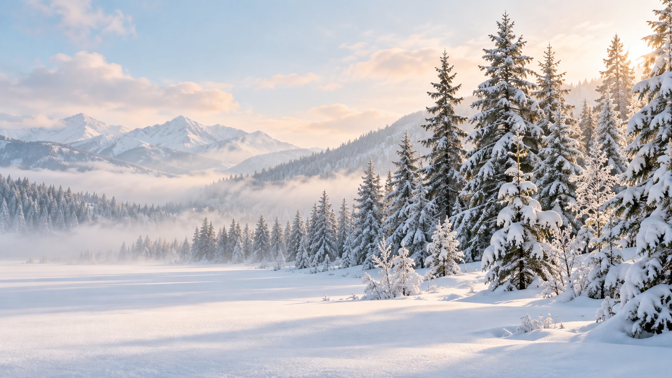 Snow-dusted evergreen forest beside an open clearing in pale winter light.