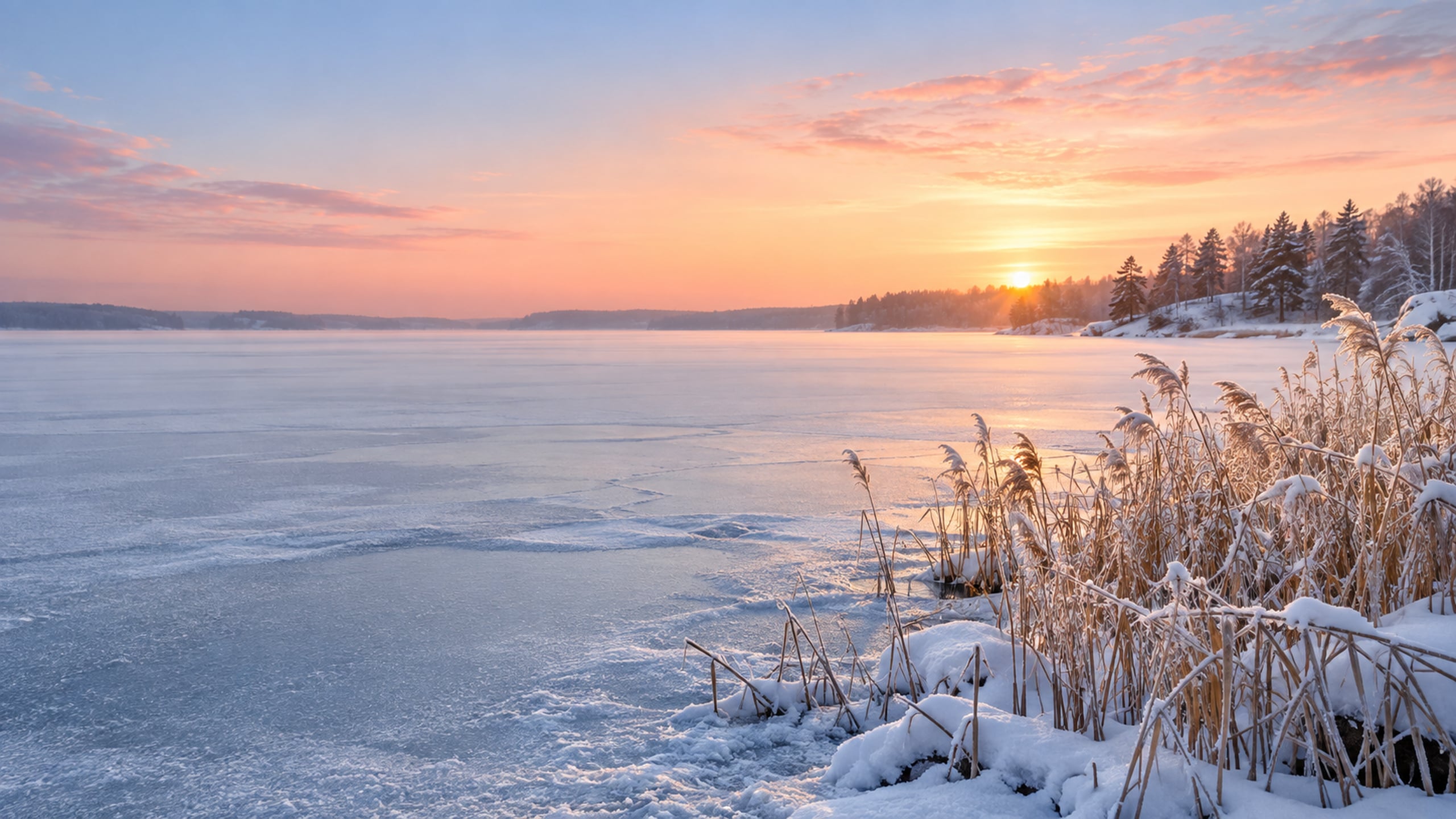Frozen lake with a snowy shoreline beneath a pale pink sunrise.