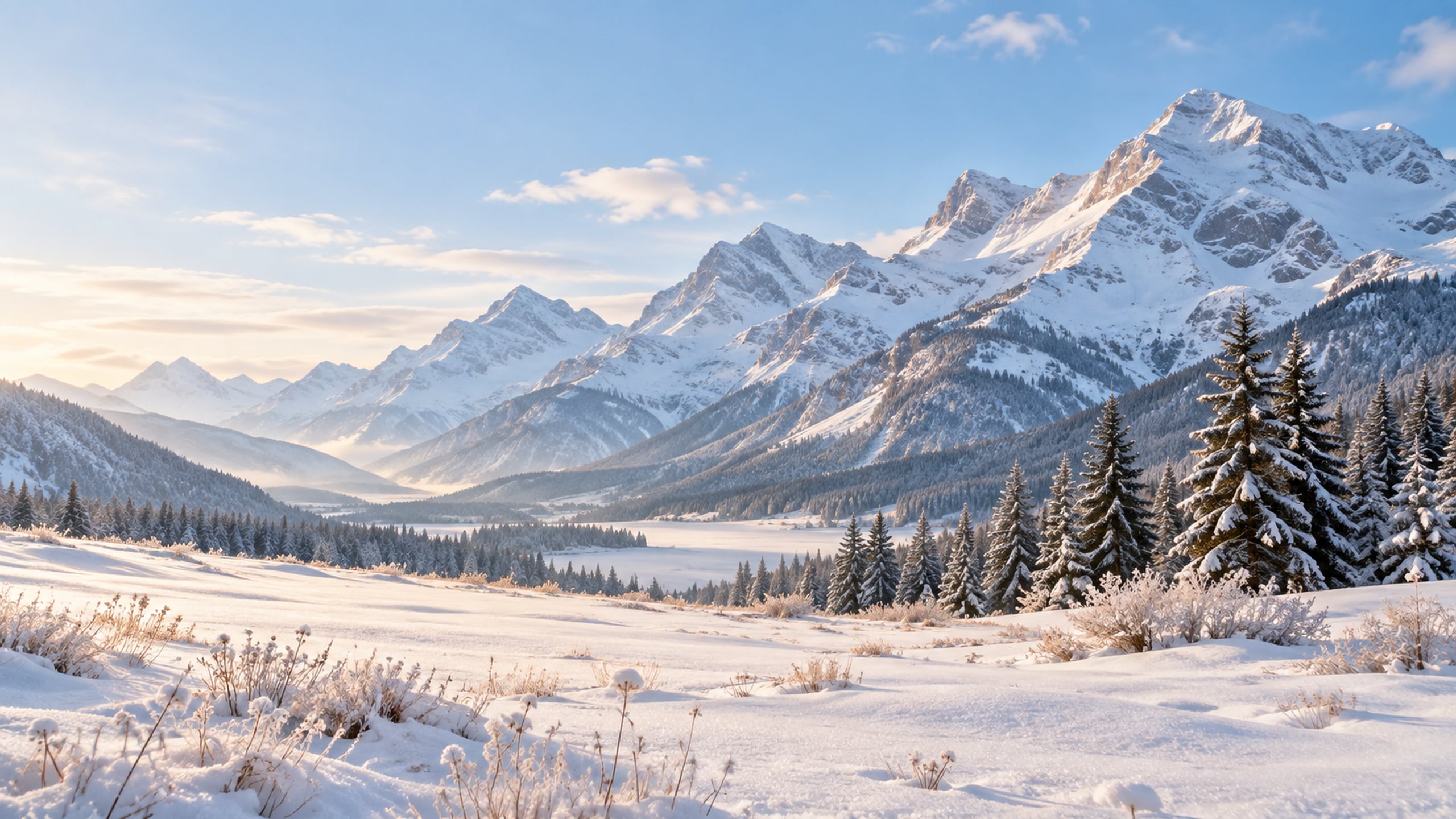 Snowy mountain valley with distant peaks under a soft blue sky.