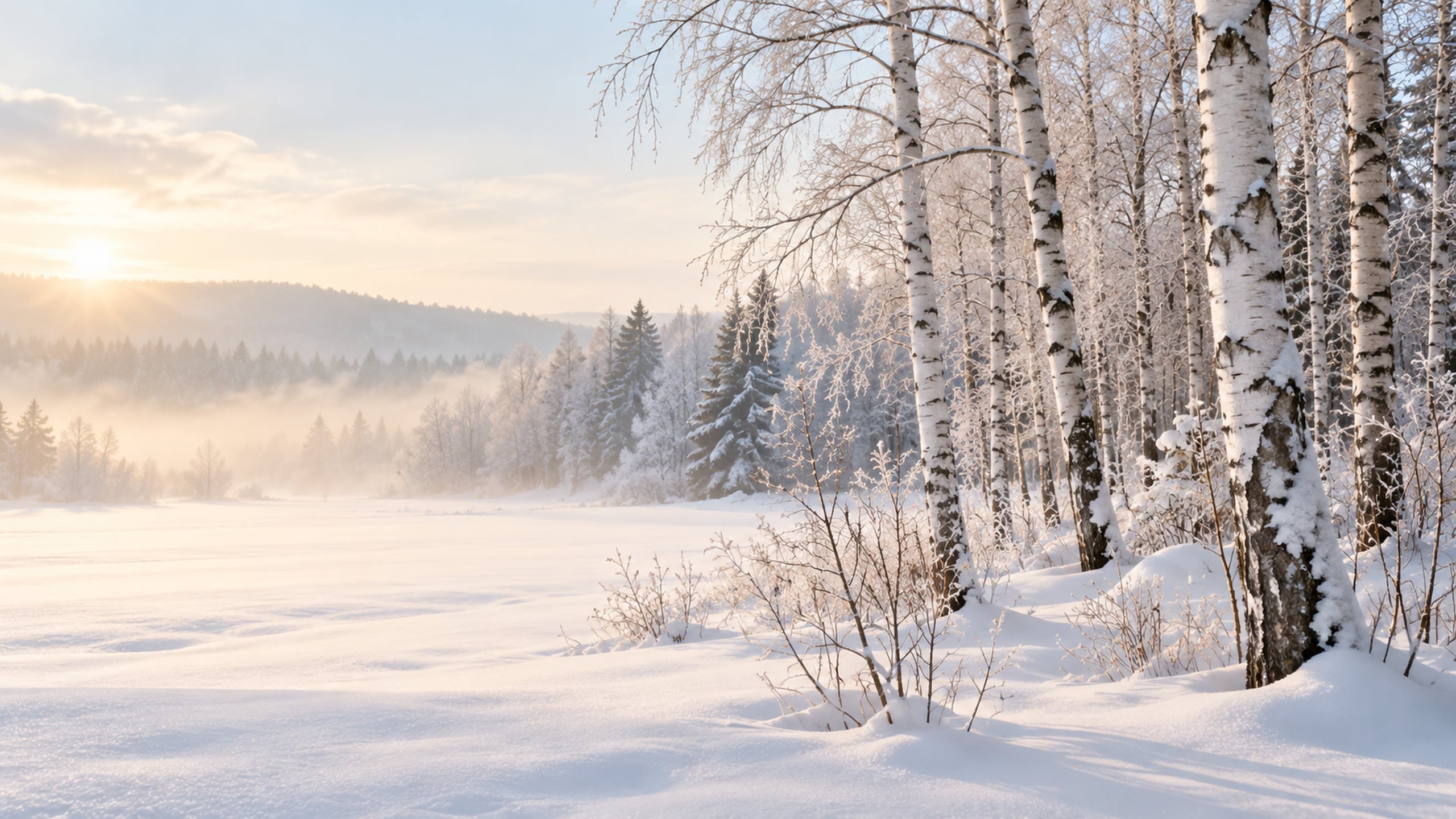 White birch trees standing along the edge of a freshly snow-covered field.