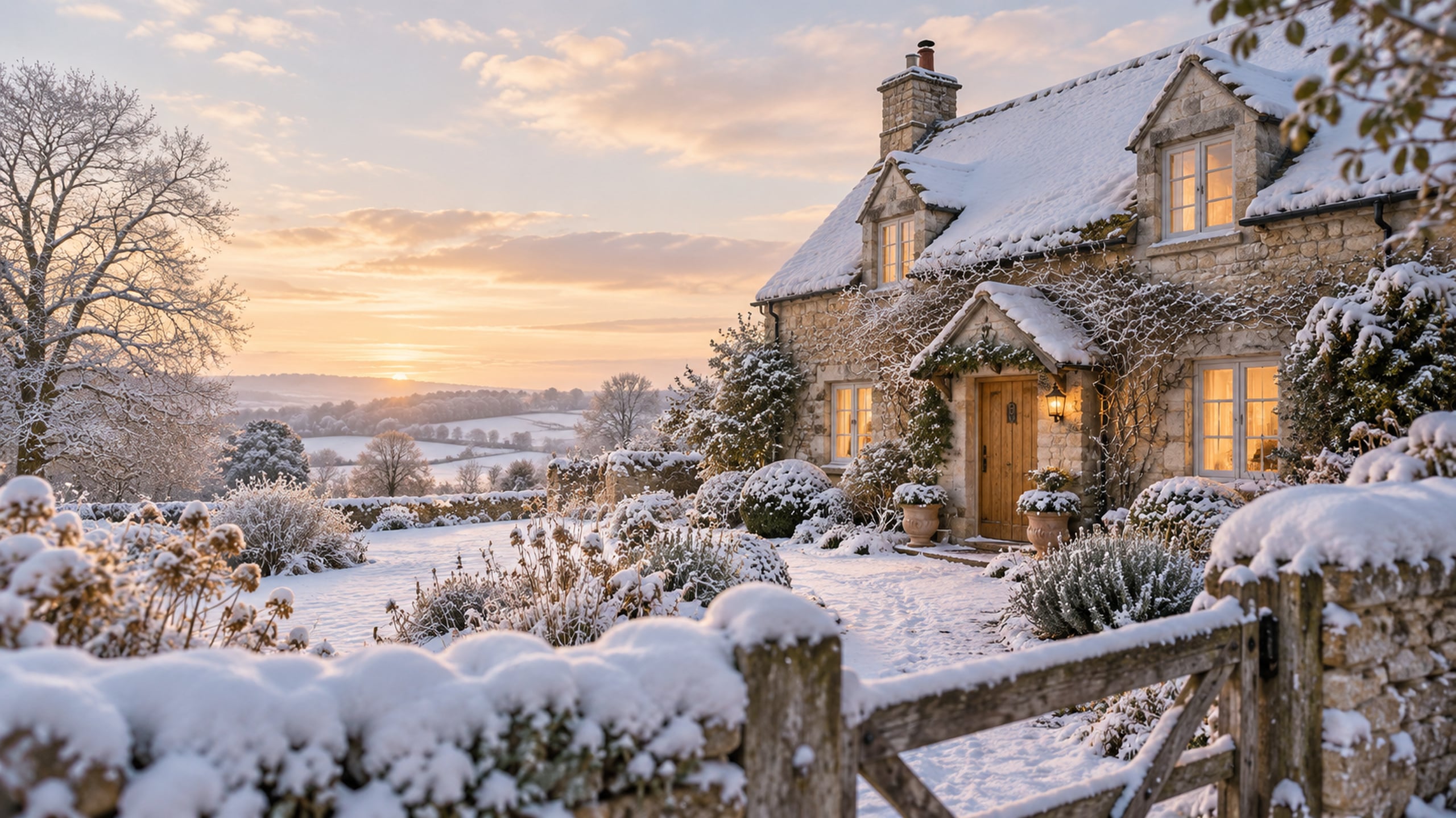 Snow-covered stone cottage with warm glowing windows beside a quiet winter garden.