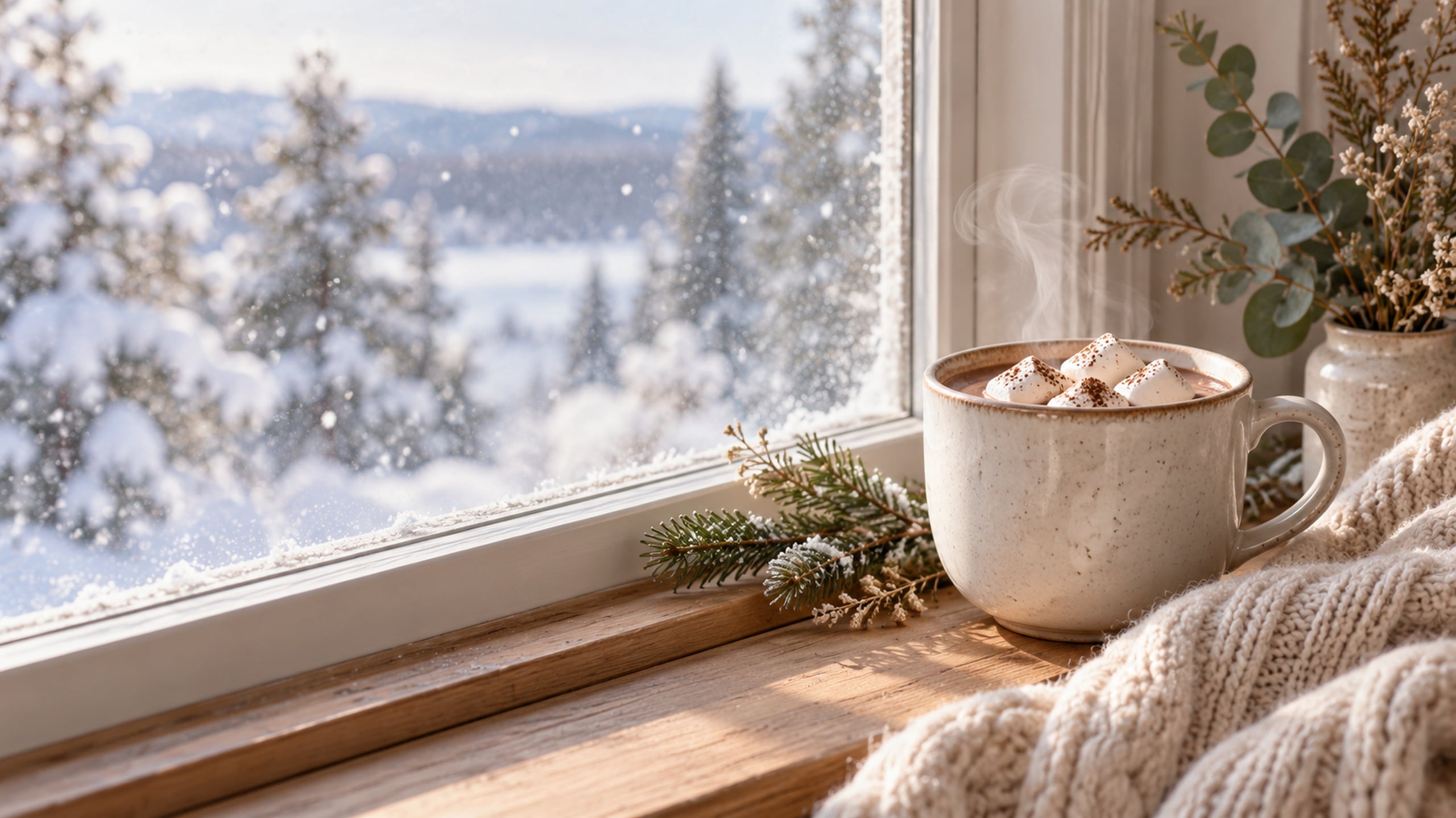 Cream mug of hot cocoa and a knitted blanket beside a window overlooking falling snow.