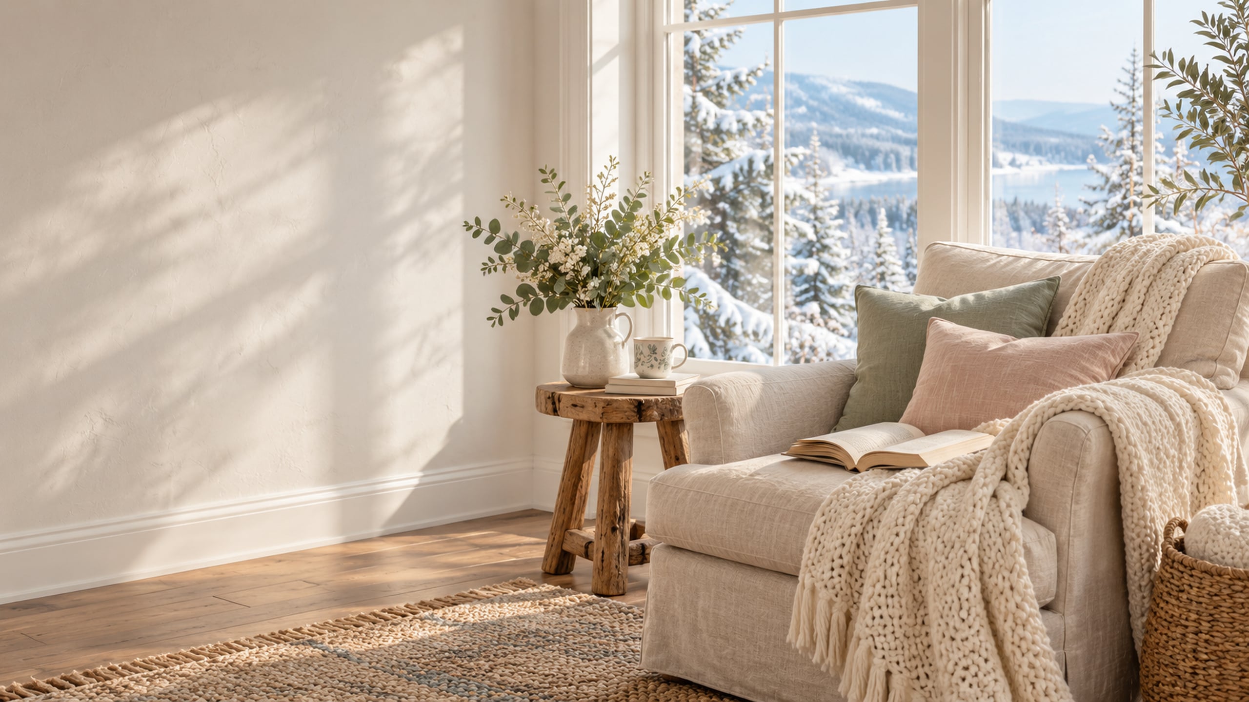 Open book and cream knitted throw on an armchair beside a snowy window.