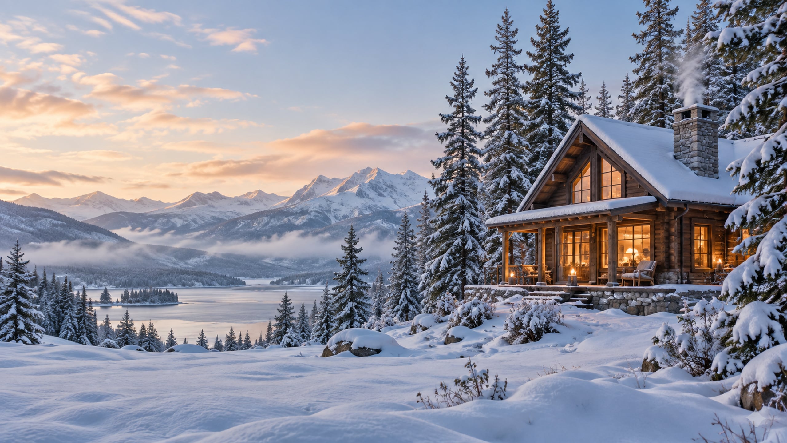 Small wooden cabin with warm window light surrounded by snowy pine trees.