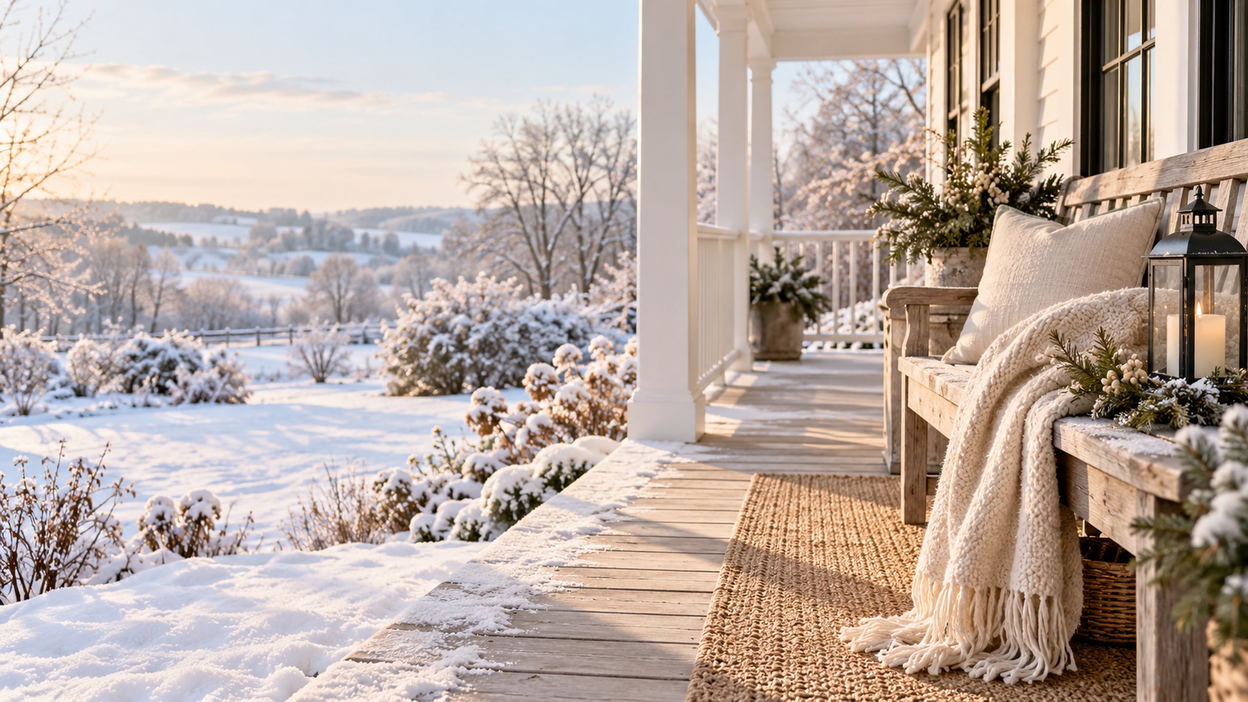 Wooden bench and lantern on a white farmhouse porch overlooking a snowy garden.