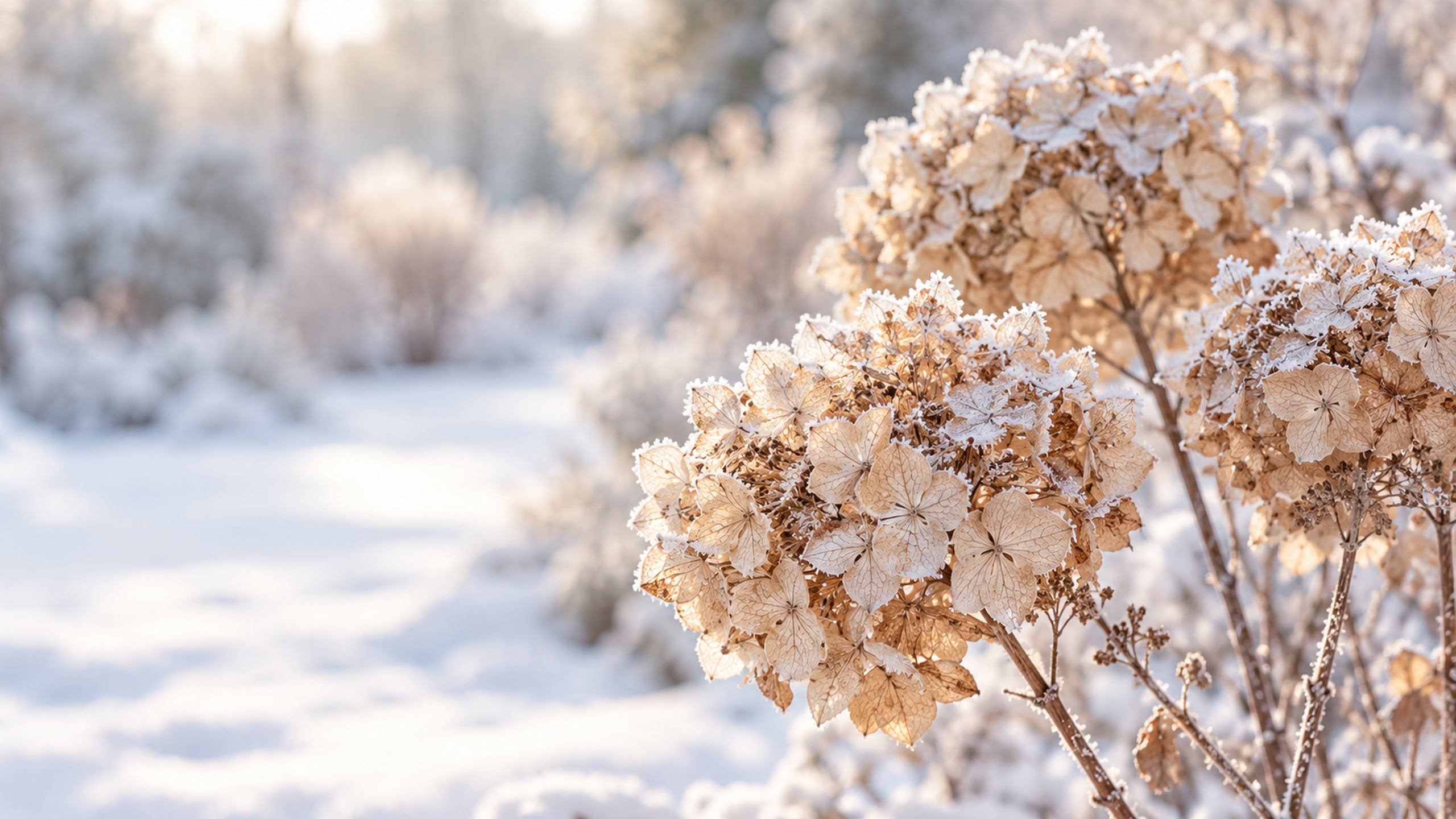 Frost-covered dried hydrangea heads against a softly blurred snowy garden.