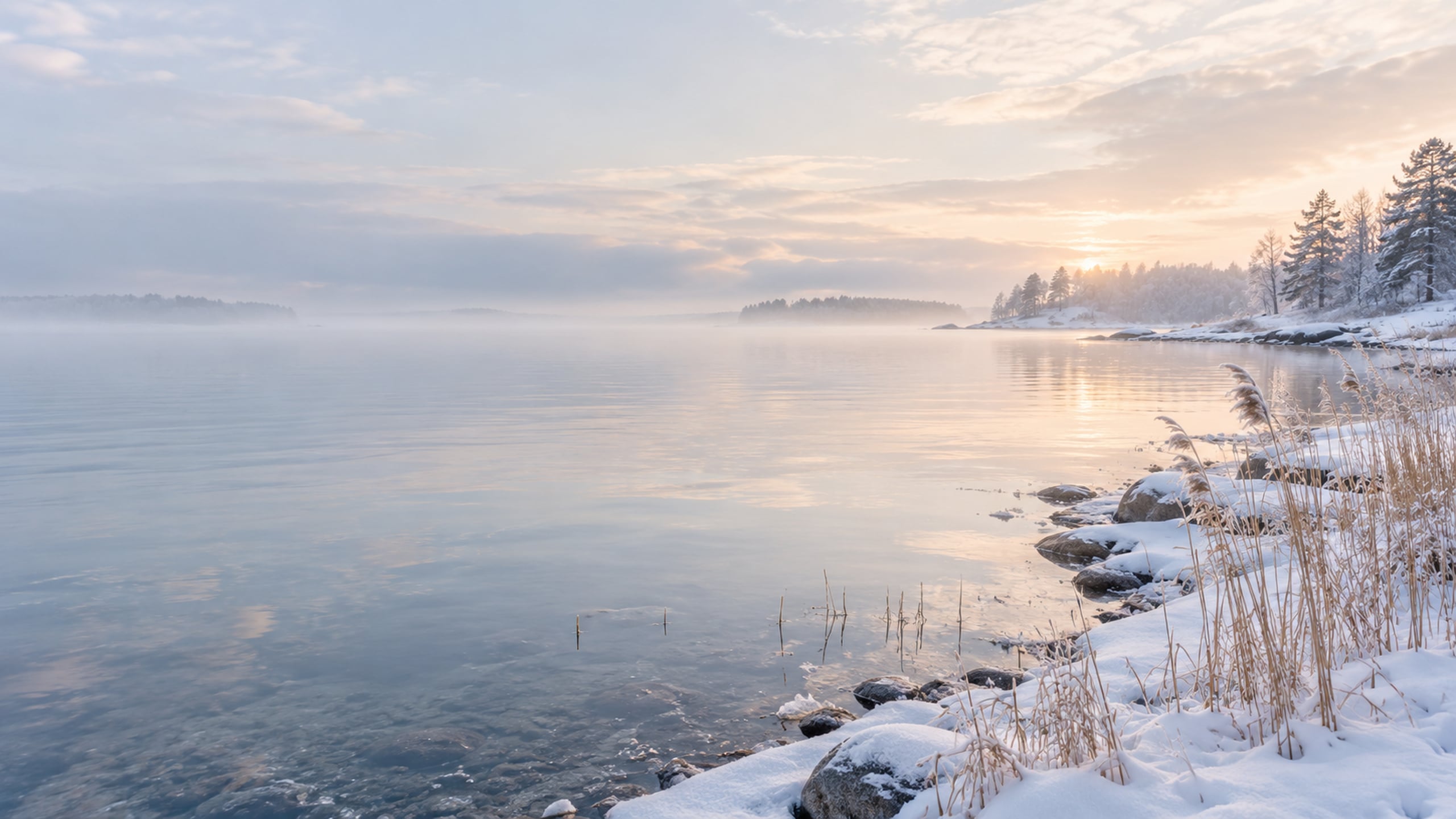 Muted dried grasses beside a quiet snowy shoreline and misty water.