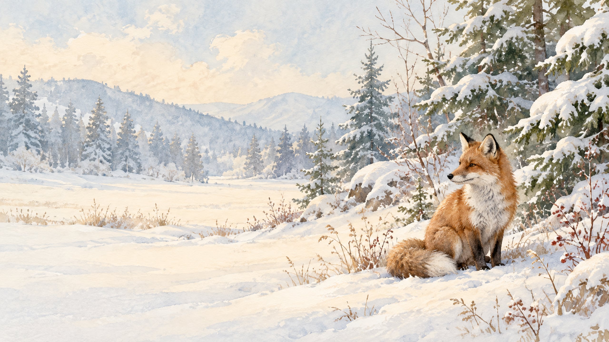 Watercolour fox sitting near snowy evergreens in a quiet woodland clearing.