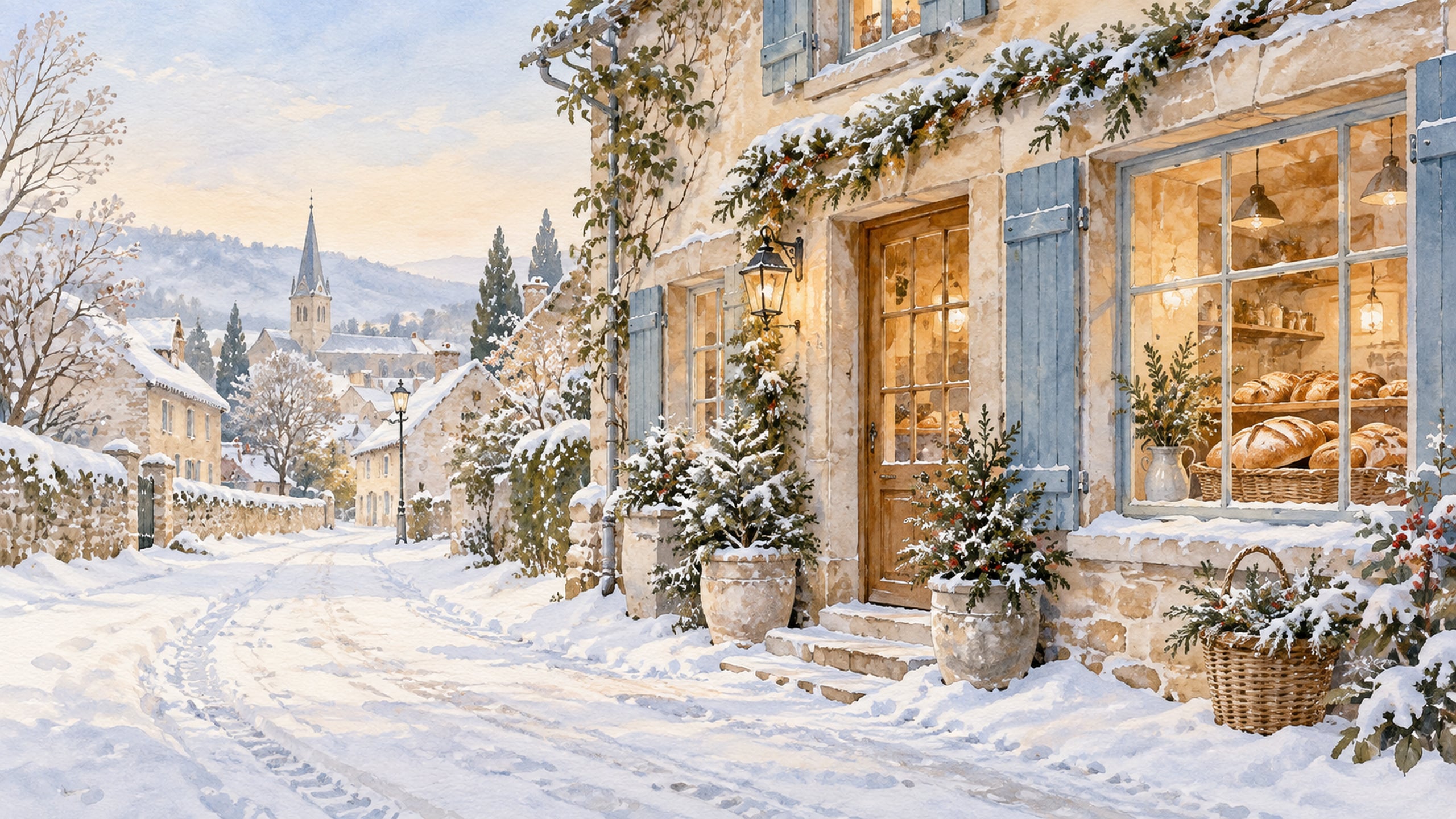 Illustrated cottage bakery with glowing windows on a snowy village street.