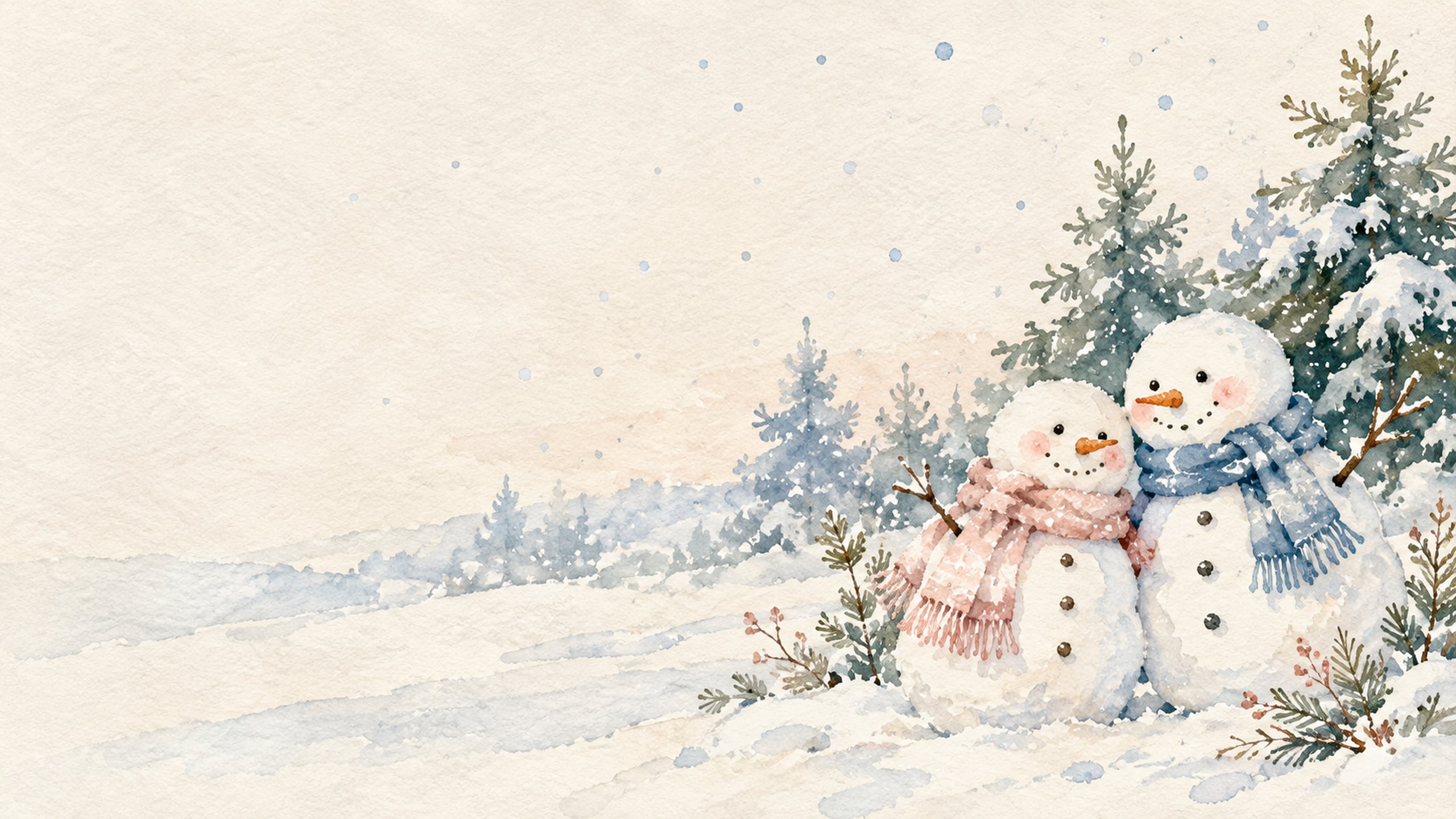 Two small watercolour snowmen wearing blush and pale blue scarves on an ivory background.