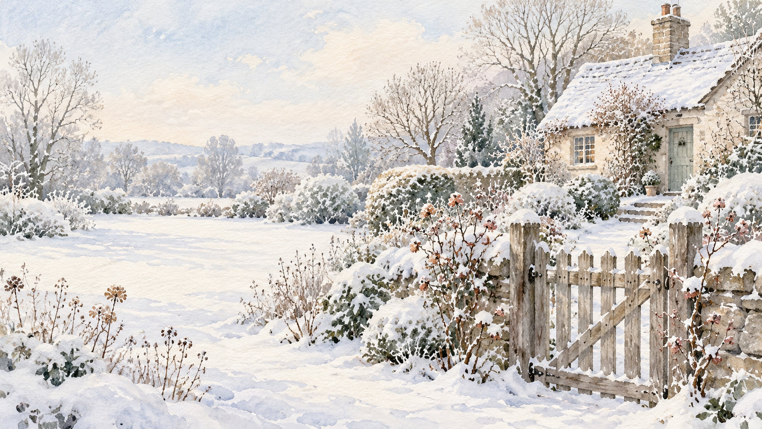 Watercolour wooden garden gate and snowy path leading to a small country cottage.