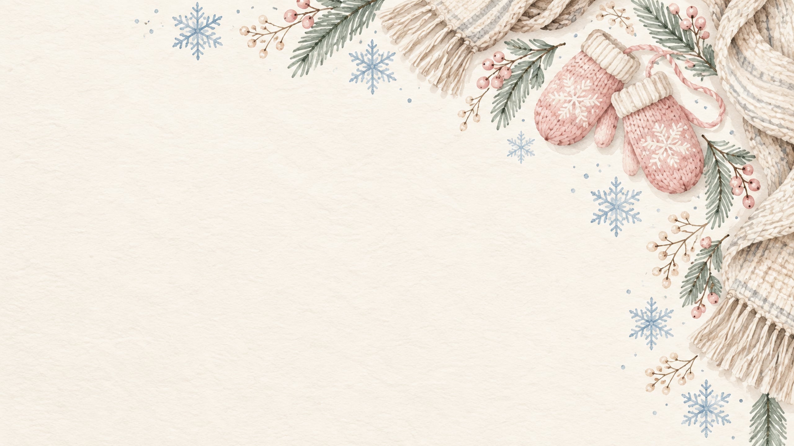 Small blush mittens and pale blue snowflakes on a cream watercolour background.
