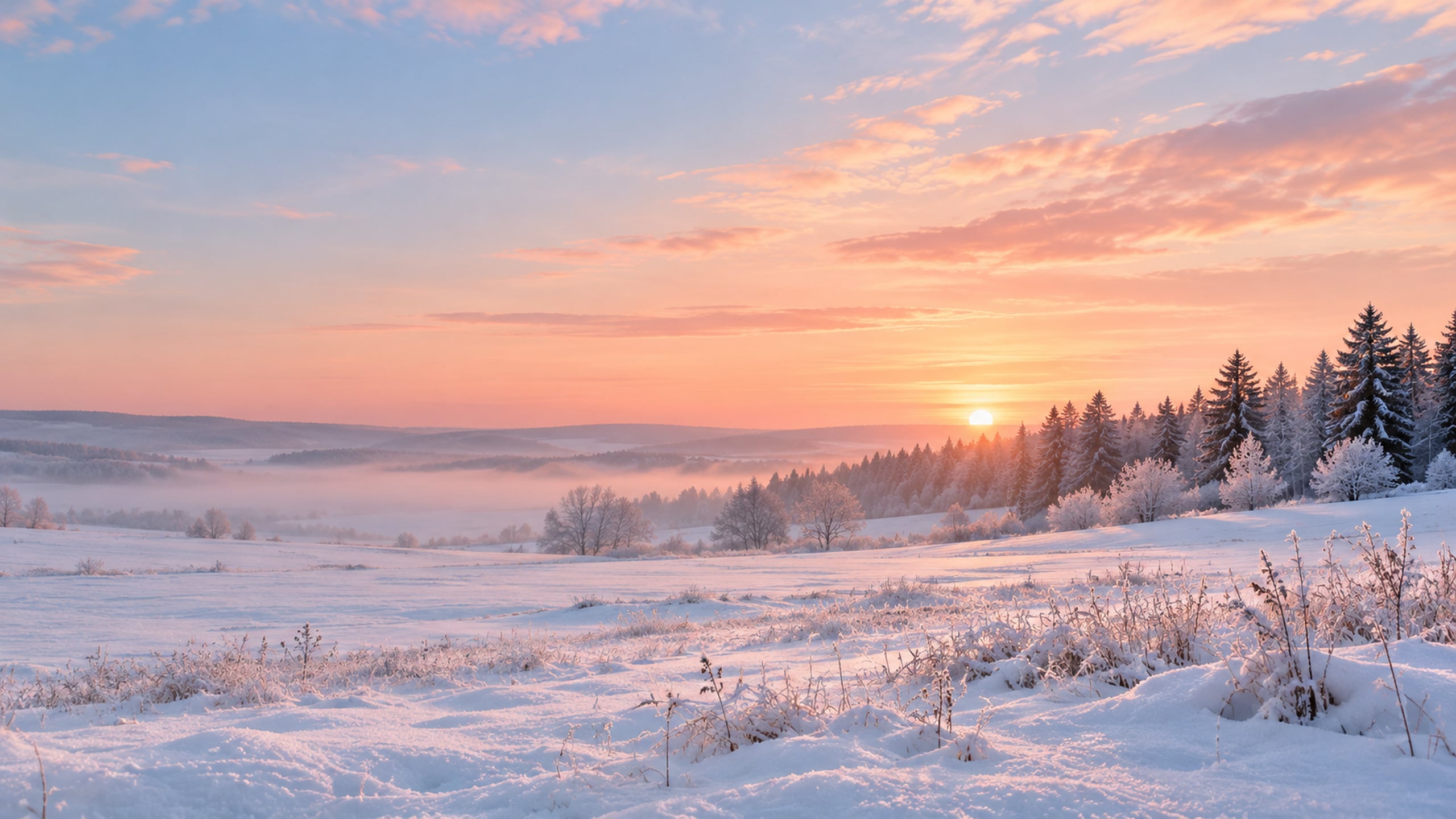 Pale blush sunrise over a snowy field with distant evergreen trees.