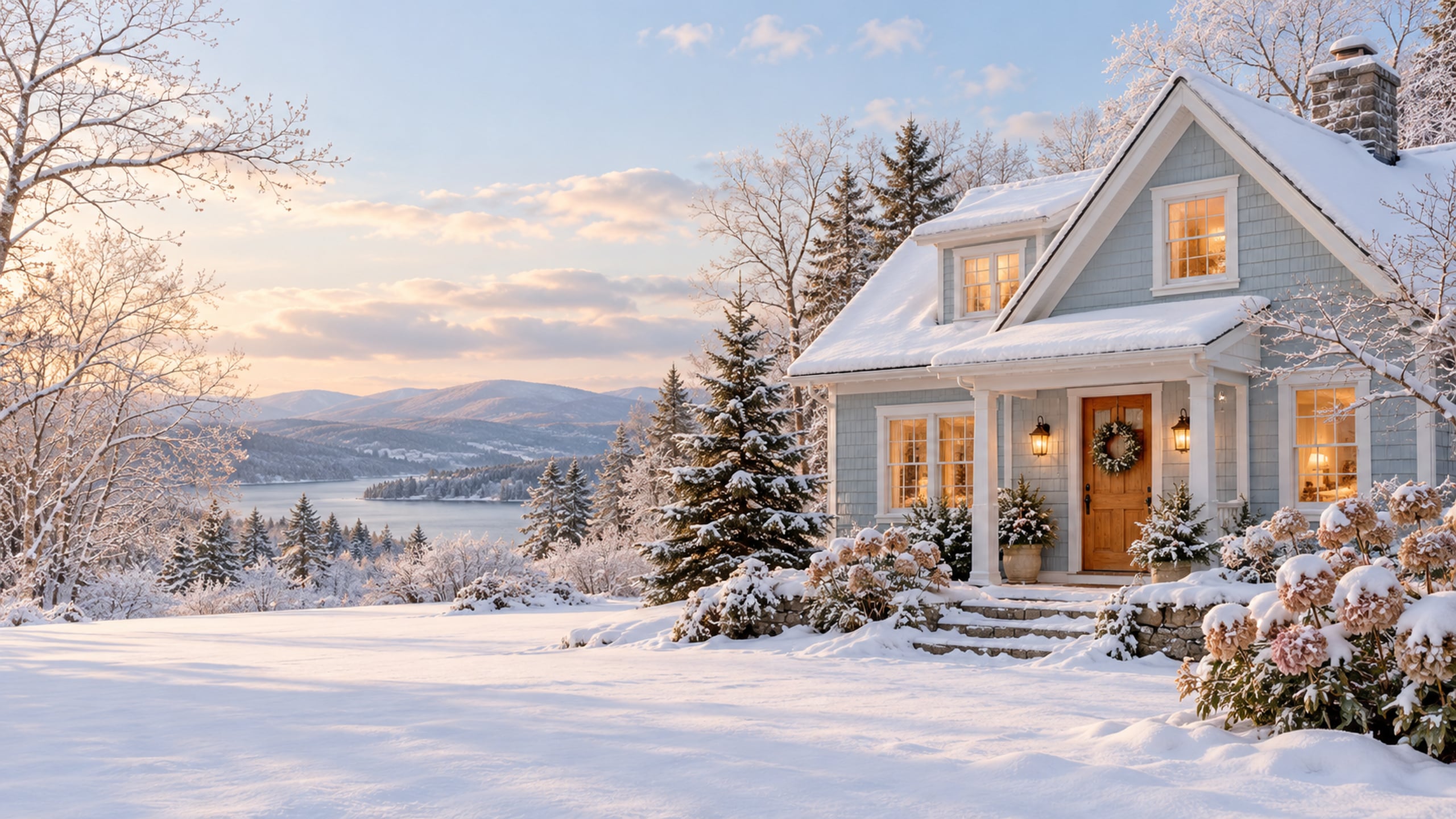 Pale blue cottage with cream trim and warm windows in a snowy garden.