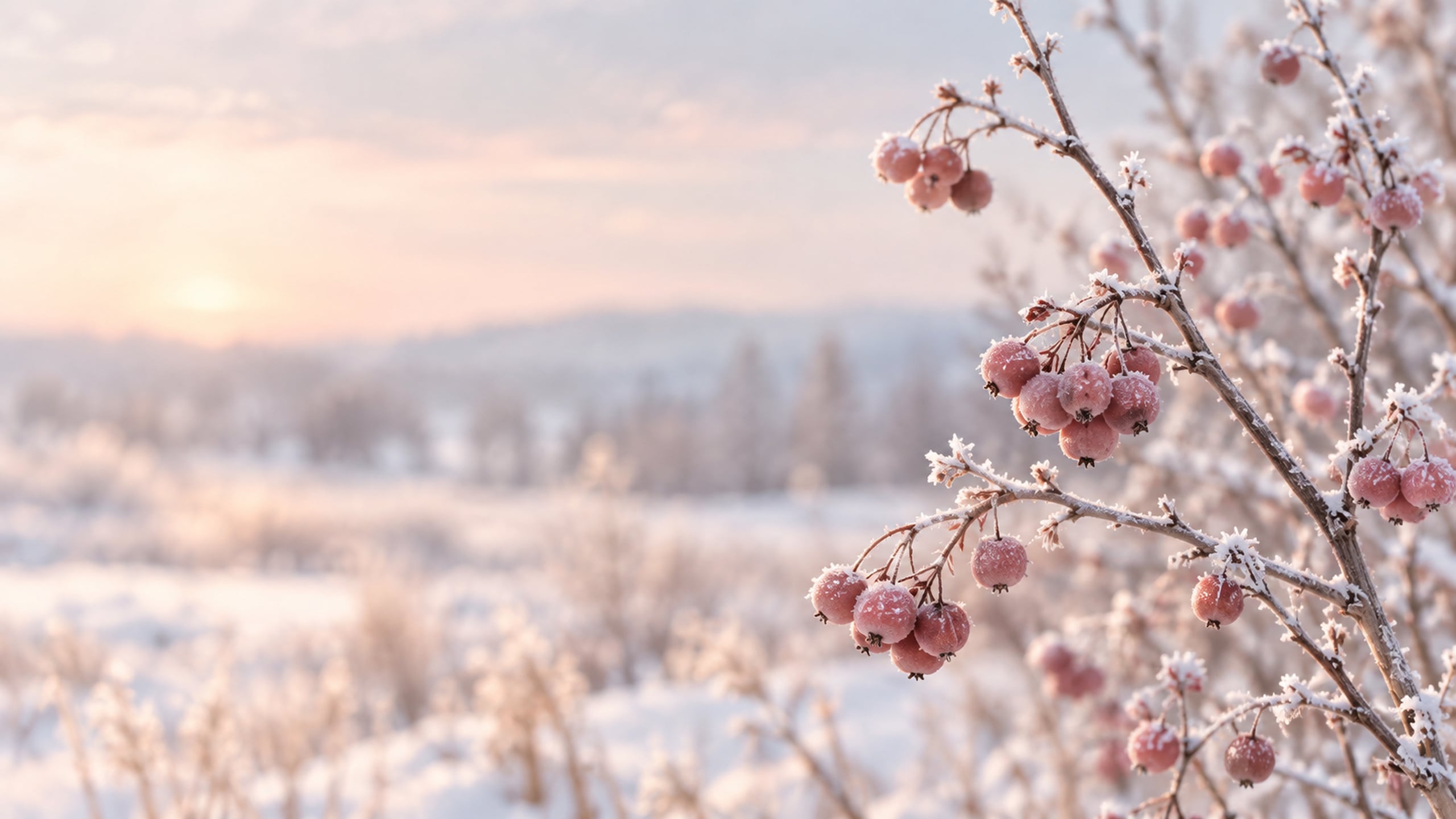 Dusty rose berries on frost-covered branches against a pale snowy background.