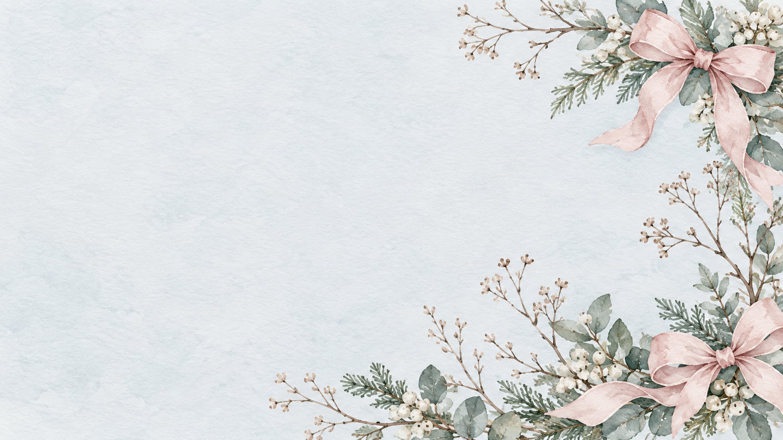 Watercolour blush ribbon bows and delicate winter branches framing a pale blue background.