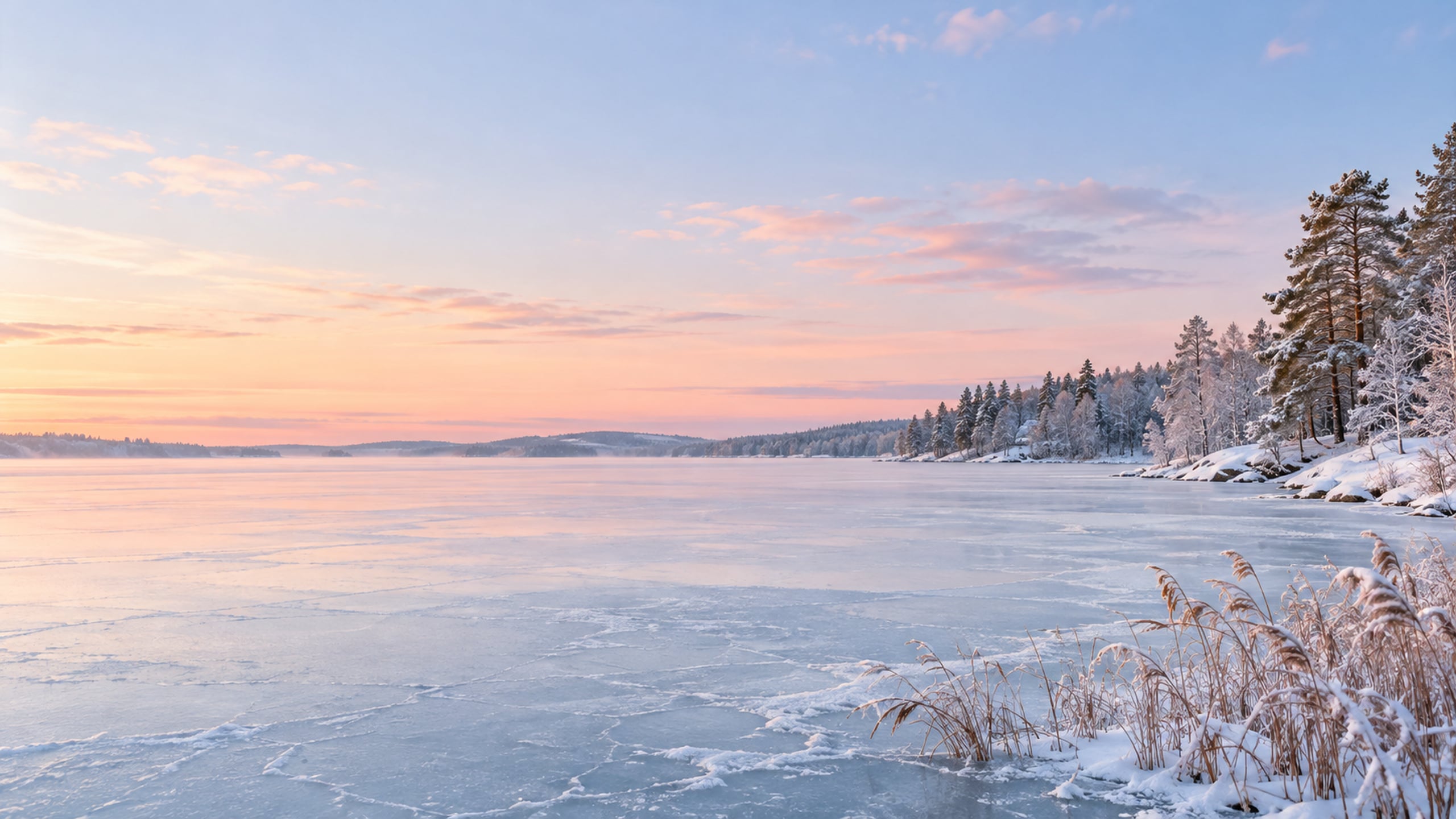 Pastel winter lake with pale blue ice, a blush sky and a snowy tree-lined shore.