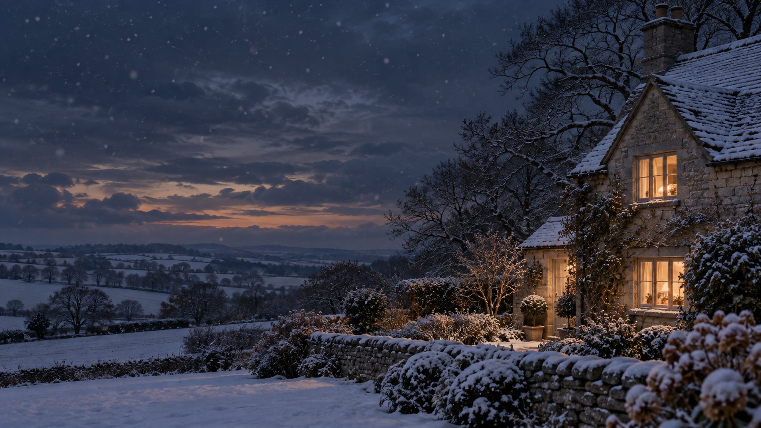Small cottage with amber window light beneath a dark winter sky and falling snow.
