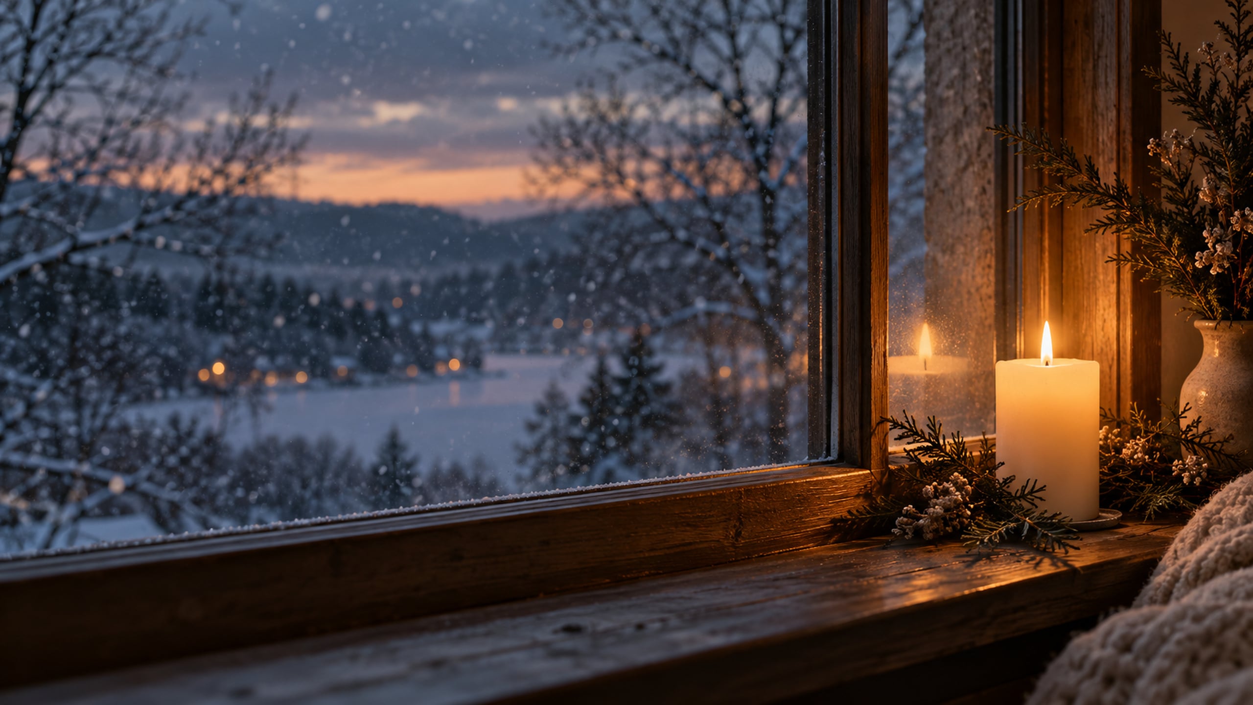 Single glowing candle on a wooden windowsill with snow falling outside at dusk.