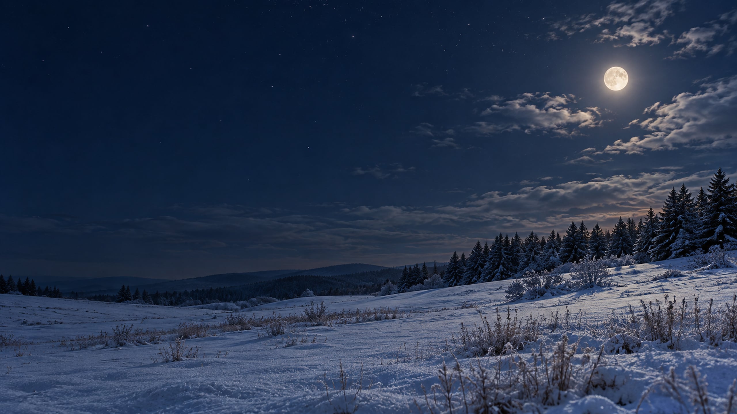 Small moon above a snowy meadow and distant evergreen trees at night.