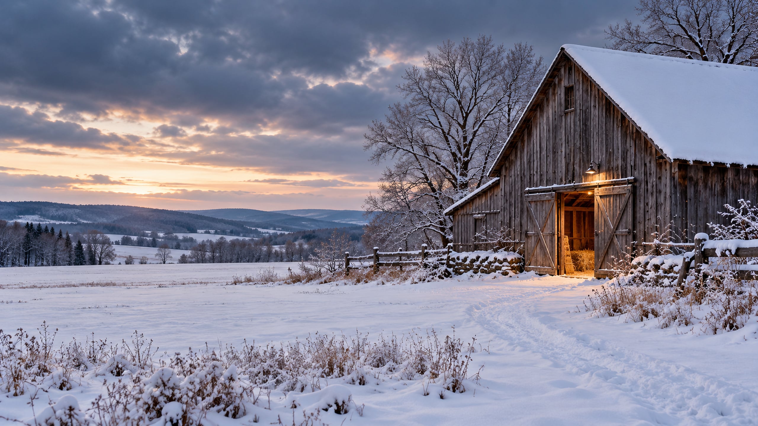 Weathered wooden barn beside a snow-covered field under a muted evening sky.