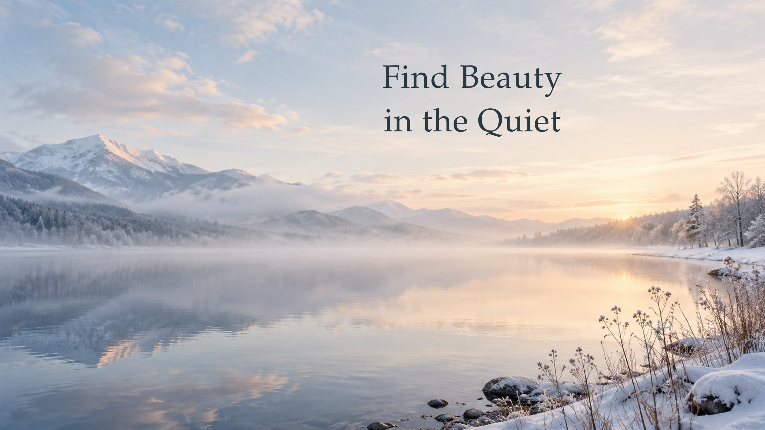 The words Find Beauty in the Quiet over a misty pale winter lake scene.