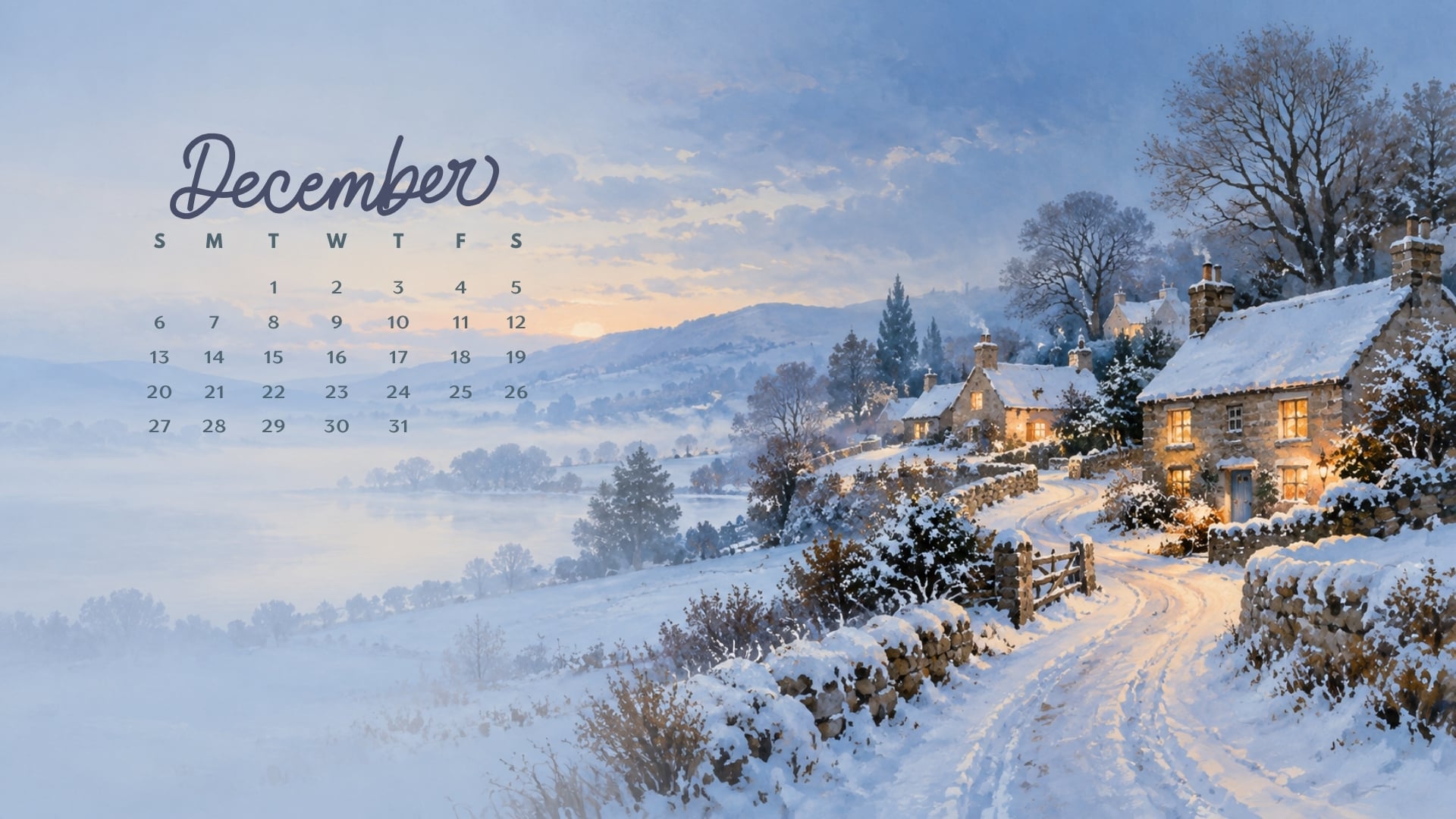 December 2026 desktop calendar with warmly lit cottages along a snowy village lane at blue hour.