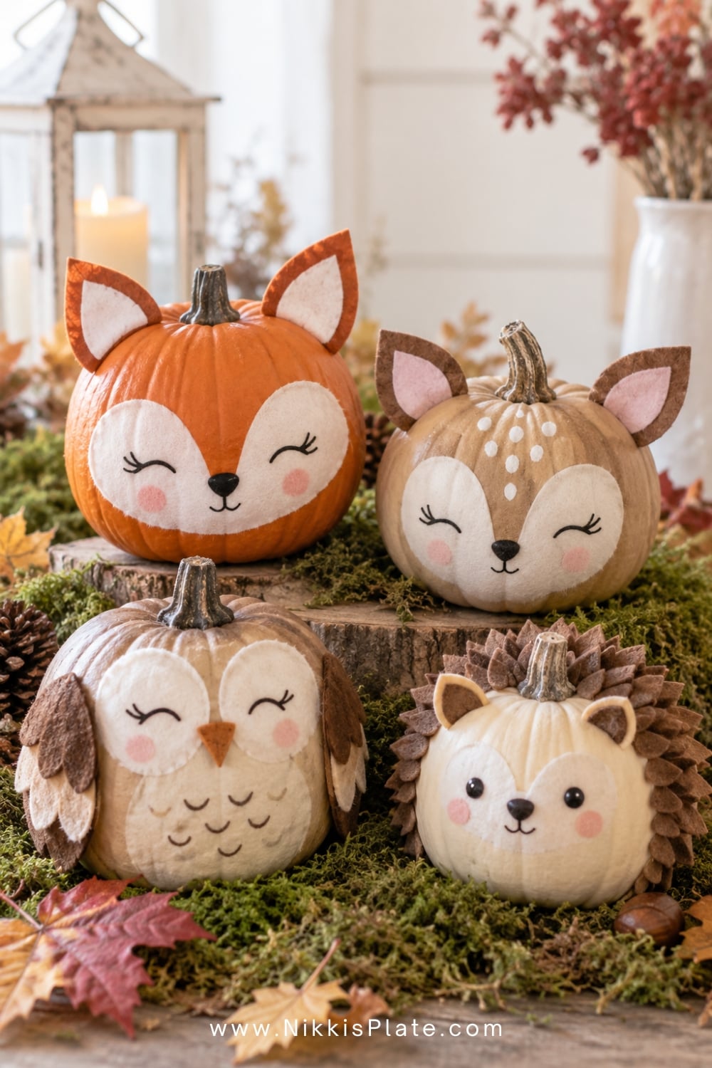 Mini no-carve pumpkins decorated as a fox, fawn, owl and hedgehog.
