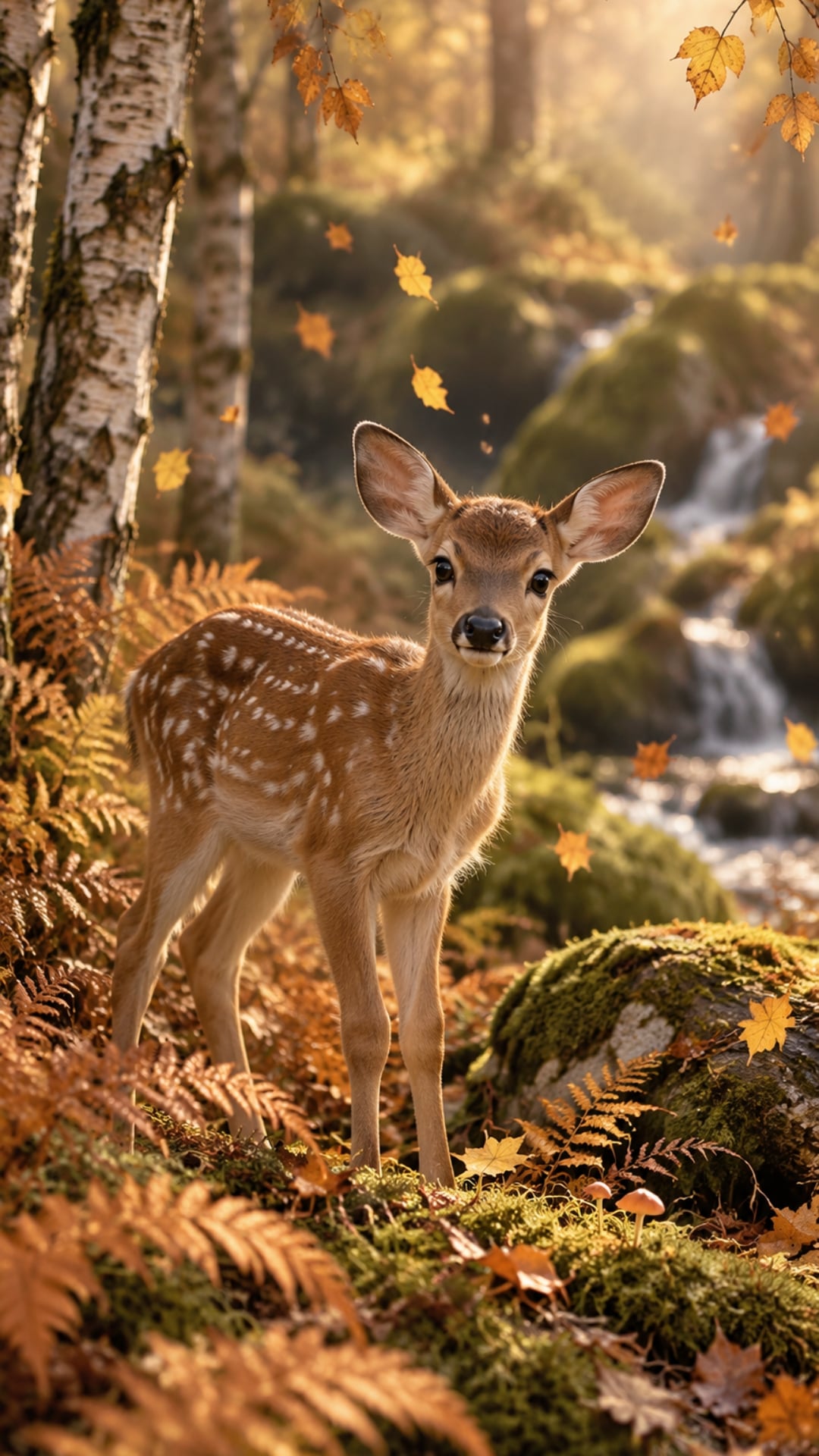 Woodland autumn phone wallpaper with a young fawn among copper ferns and falling leaves.