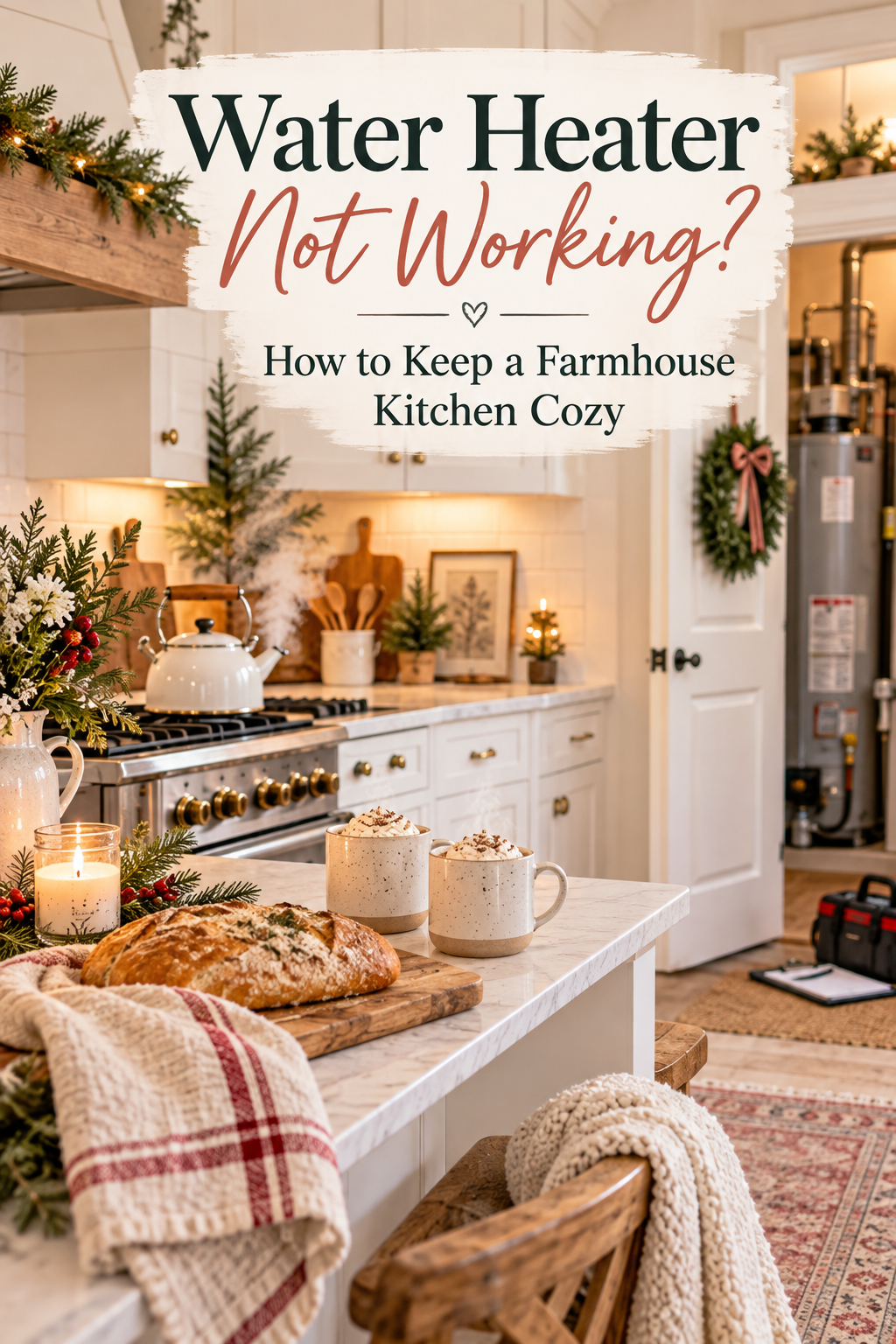 Cozy farmhouse kitchen decorated for Christmas with warm lighting, steaming mugs, and a water heater in the background, featuring tips for what to do when your water heater stops working.