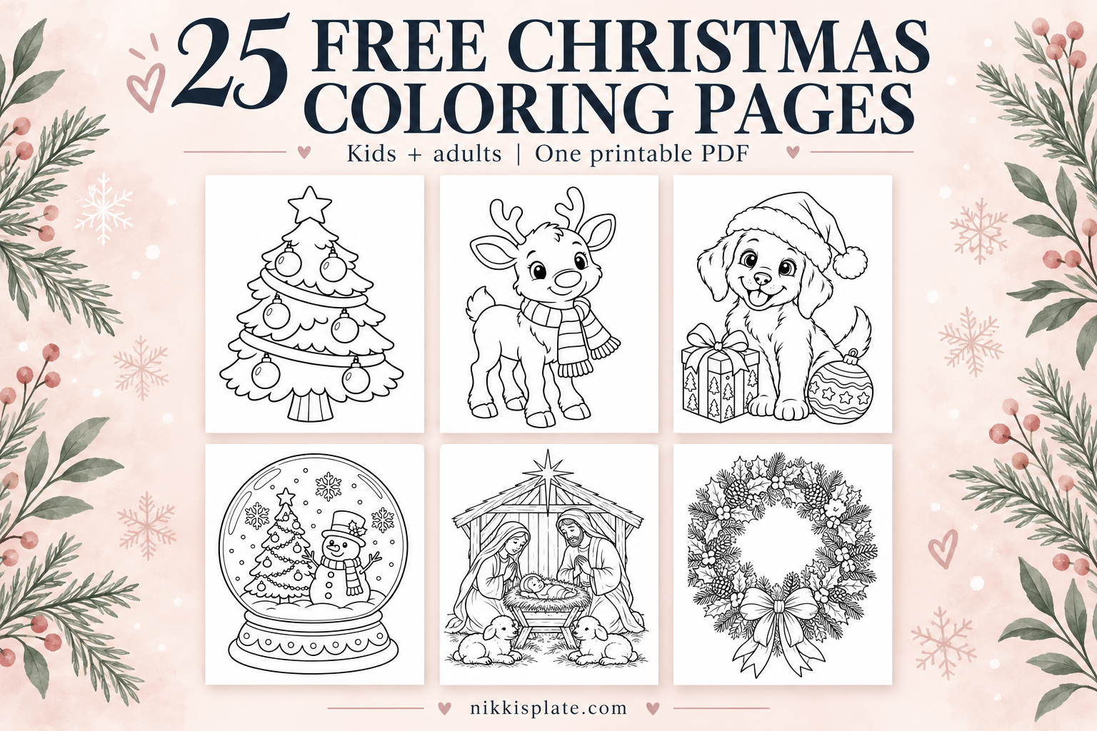 Six previews from a collection of 25 free Christmas coloring pages for kids and adults, including a tree, reindeer, puppy, snow globe, Nativity and wreath.