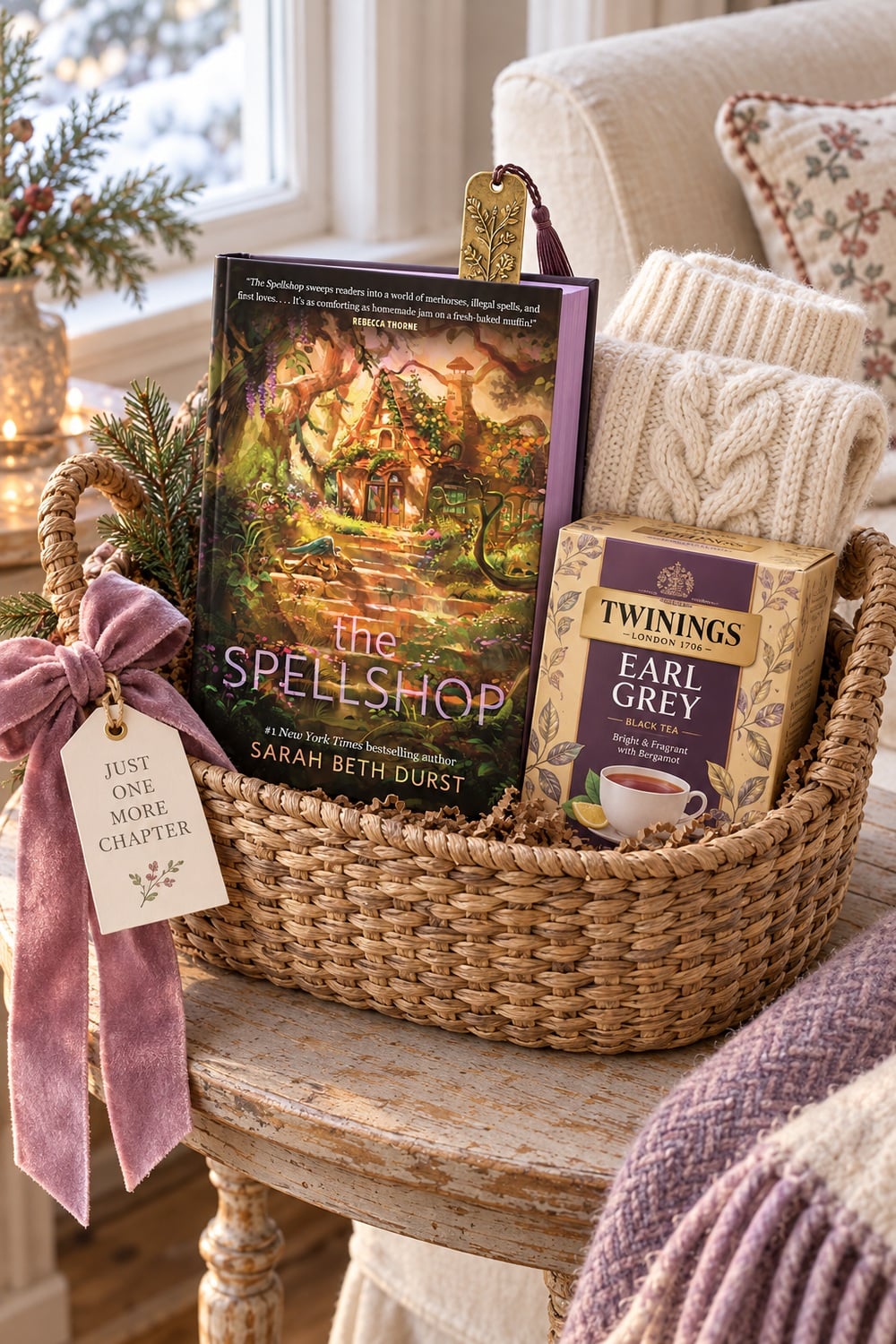 book-lovers-christmas-reading-gift-basket.jpg Reading gift basket with The Spellshop, Twinings Earl Grey, cream socks, a brass bookmark, and mauve ribbon.