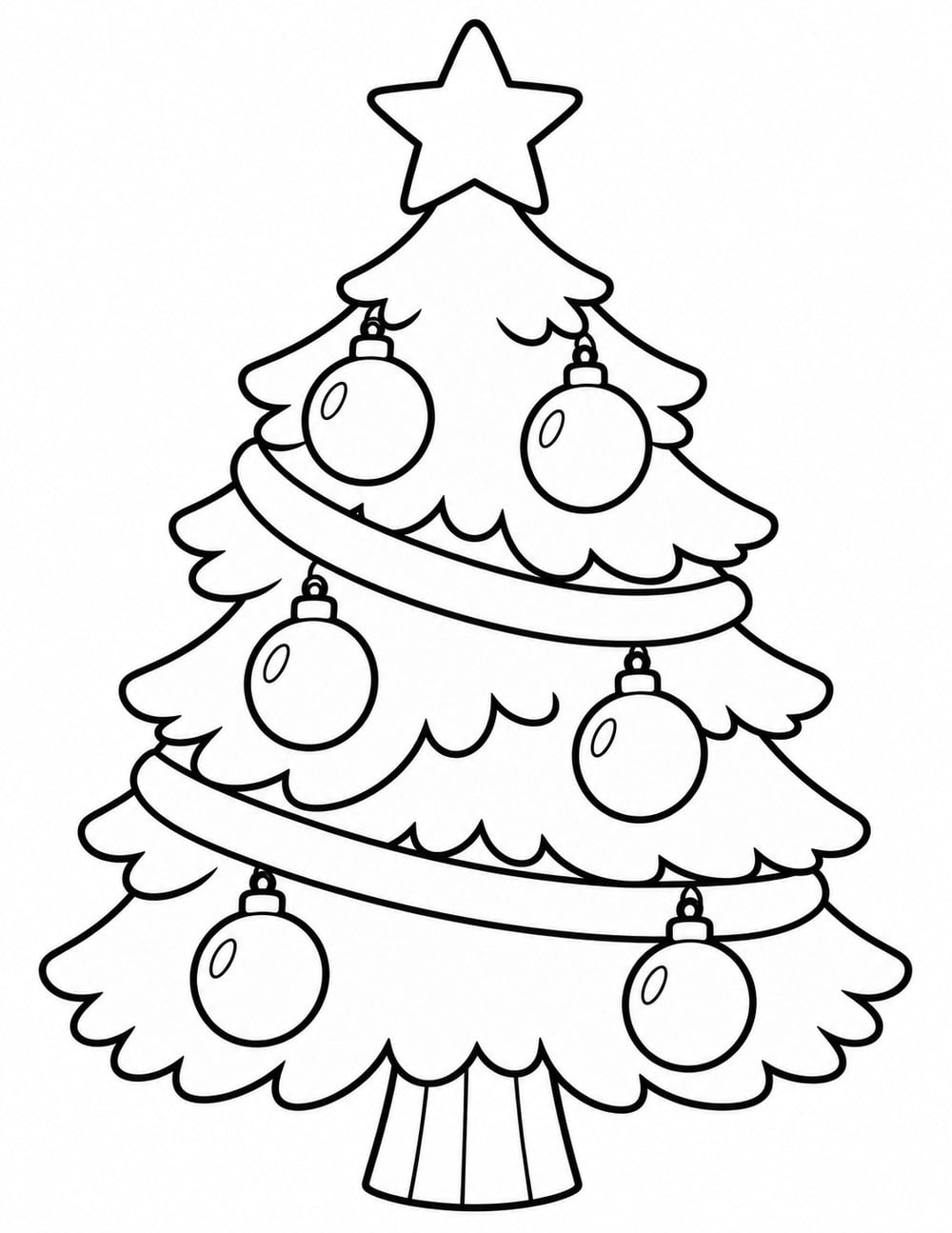 Christmas tree with a star topper, round baubles and sweeping garlands.