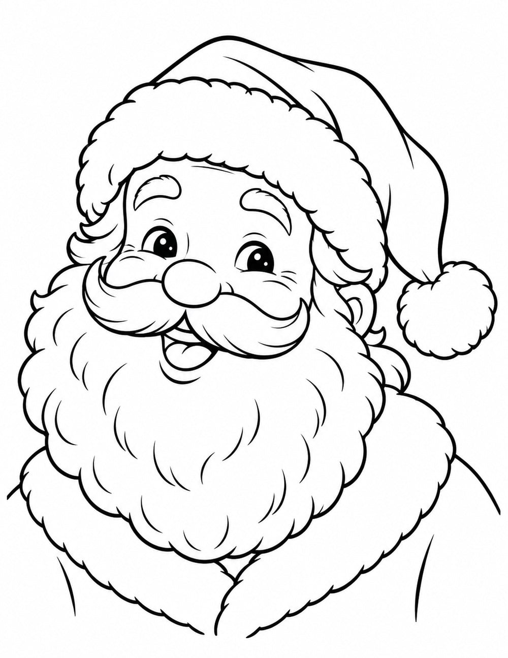 Santa coloring page featuring a smiling face, fluffy beard and classic Christmas hat.