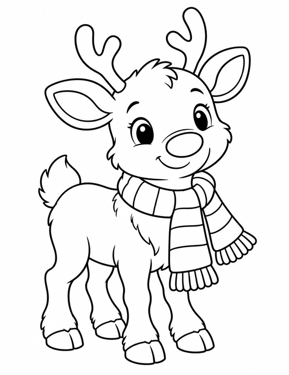 Cute Christmas reindeer coloring page with antlers and a striped winter scarf.