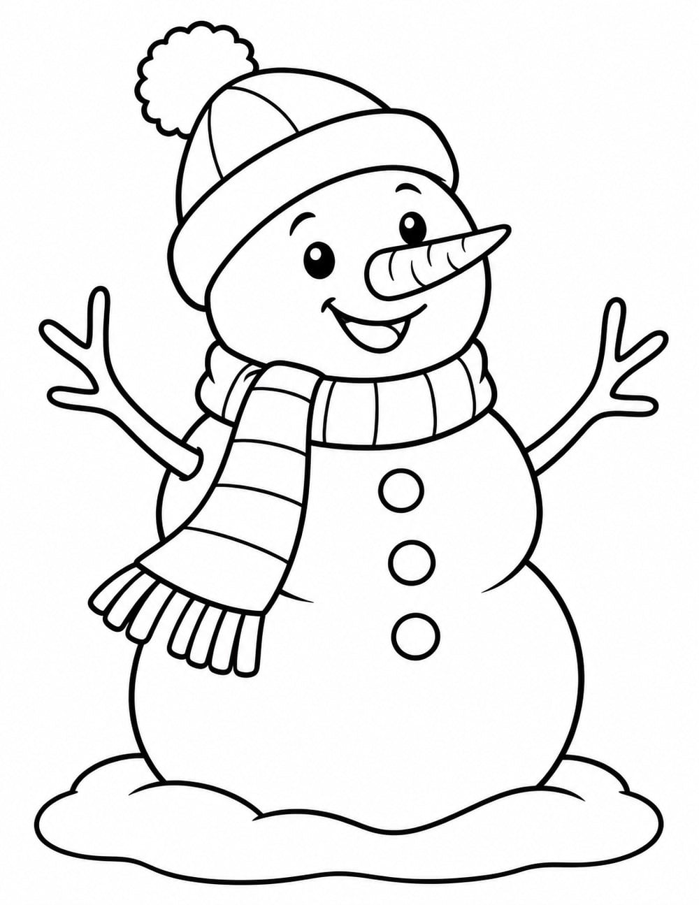 Easy snowman coloring page with a winter hat, scarf, carrot nose and twig arms.