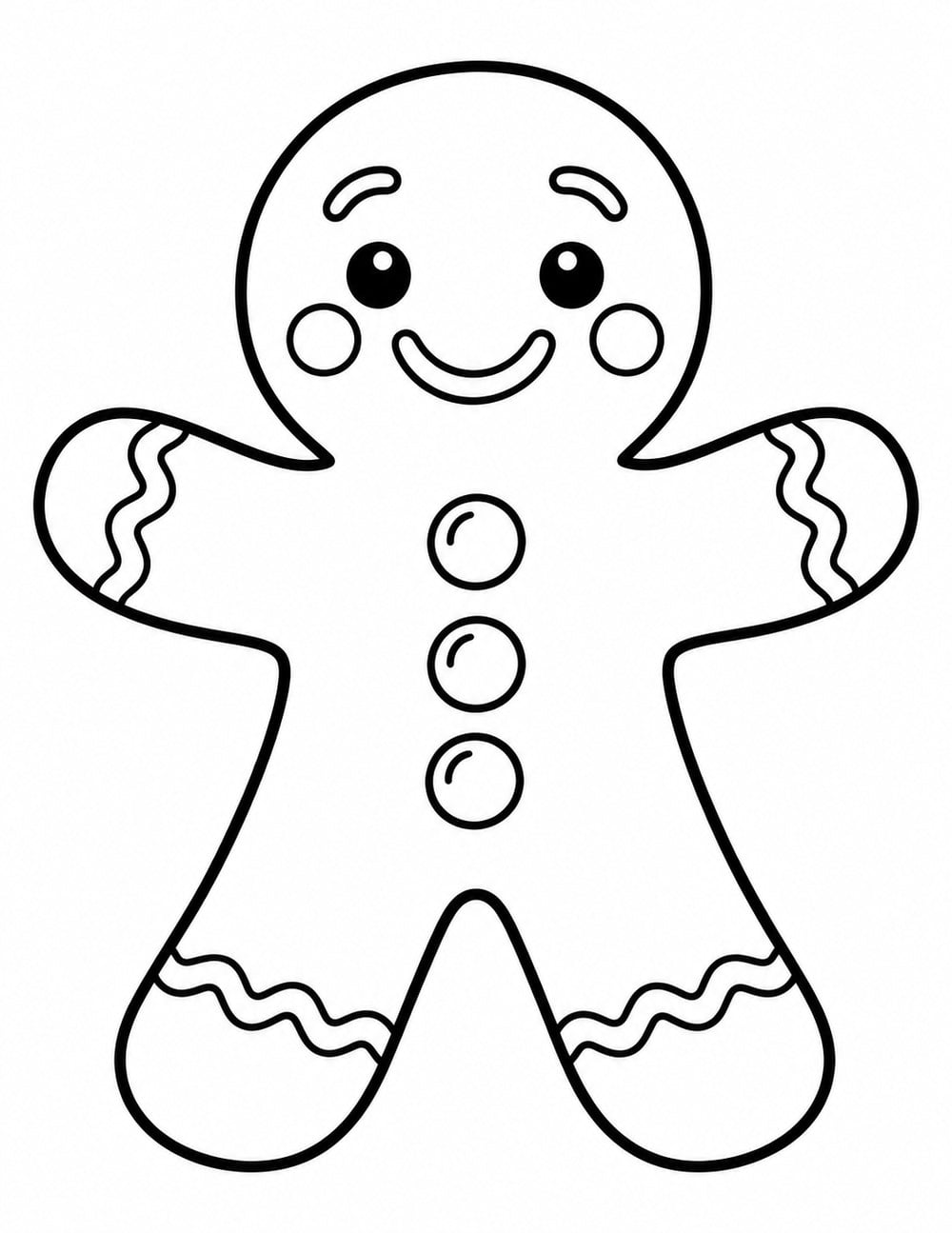 Gingerbread person coloring page with a smiling face, icing details and three round buttons.