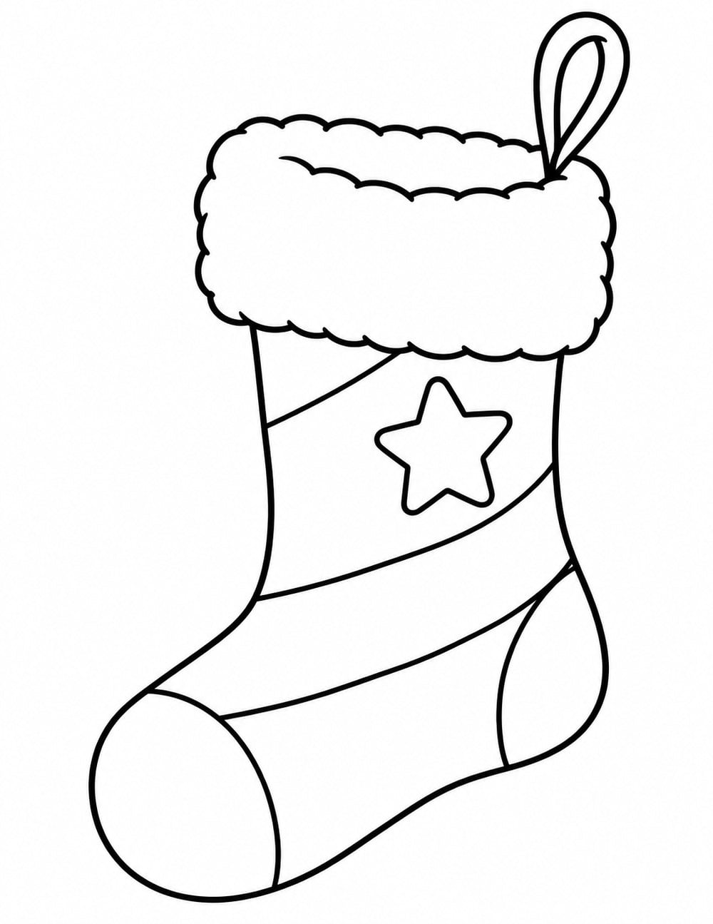 Christmas stocking coloring page with broad stripes, a fluffy cuff and a star patch.