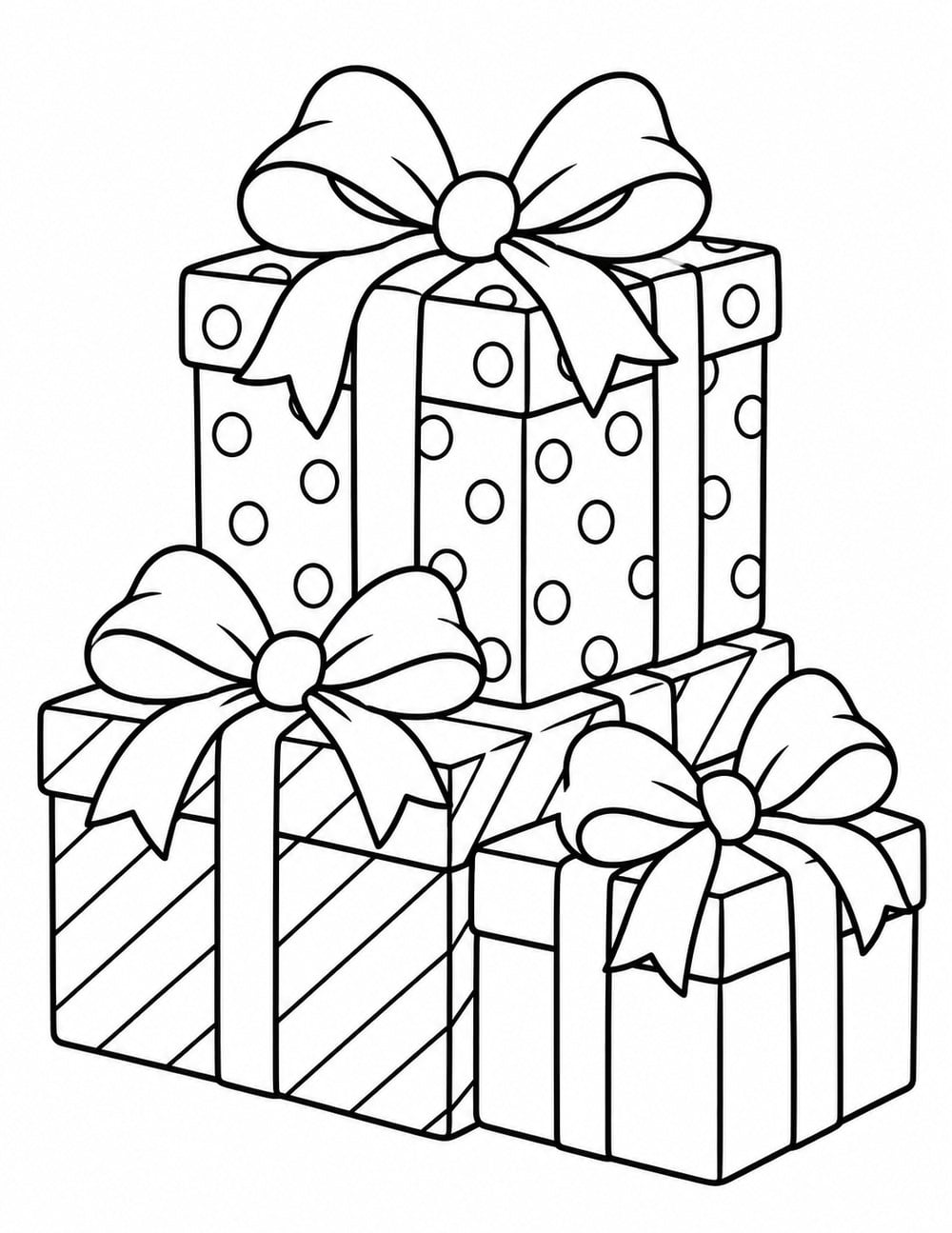 Christmas presents coloring page featuring three patterned gift boxes with large ribbon bows.