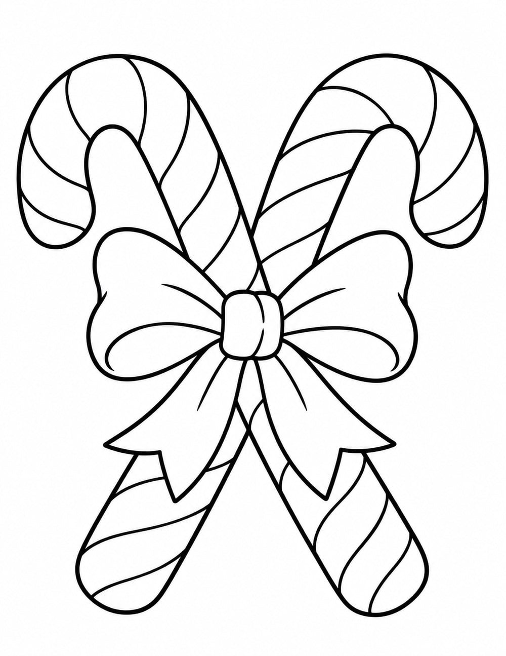 Candy cane coloring page featuring two striped candy canes tied together with a Christmas bow.
